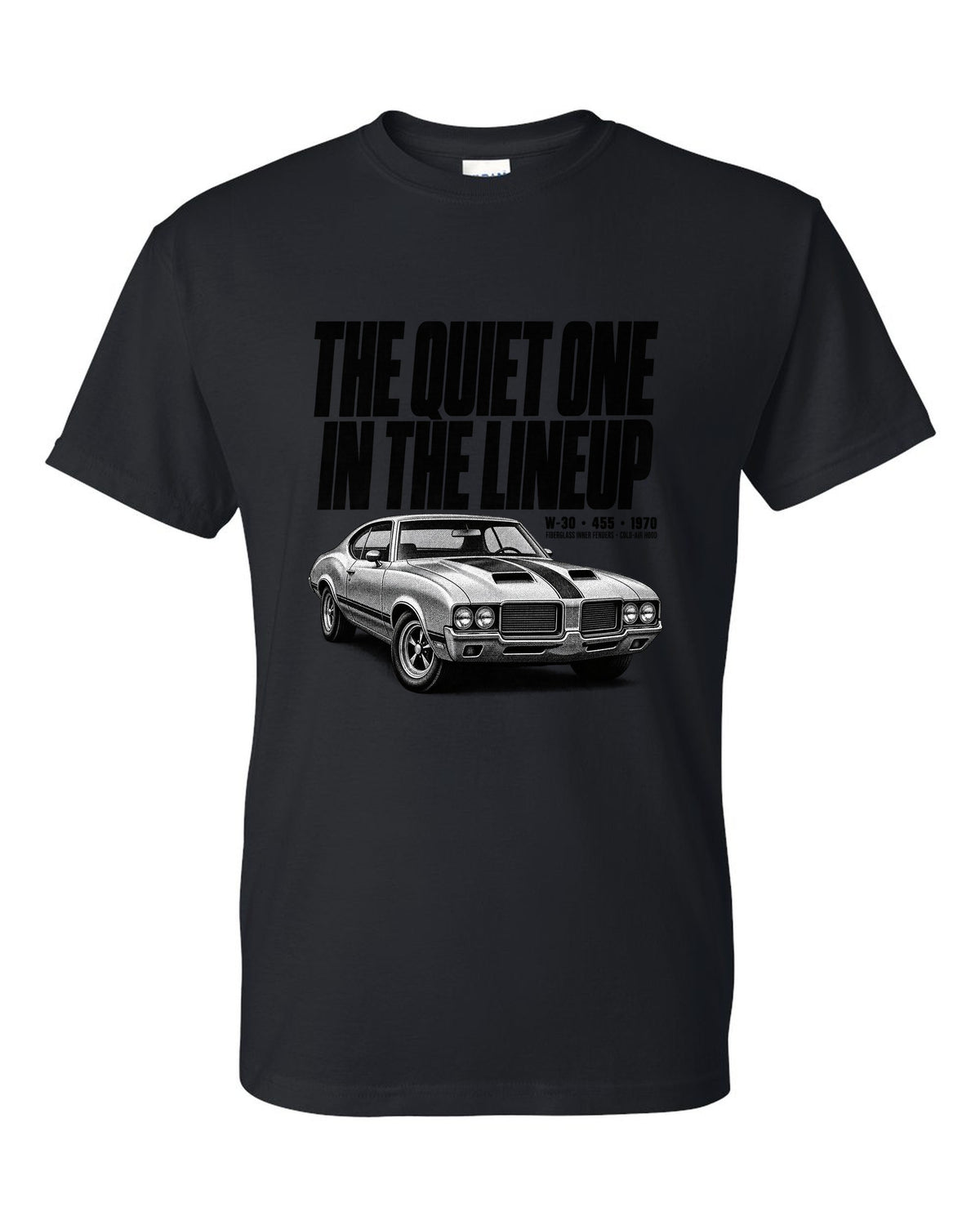 1970 Oldsmobile 442 W-30 halftone print with 455 and cold-air hood text black t-shirt front view with the design