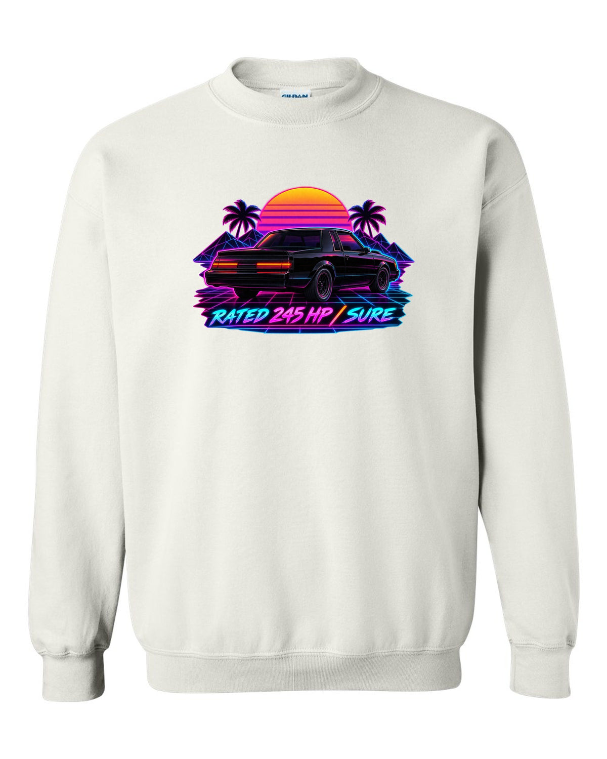 Synthwave print of 1987 Buick Grand National taillights with the text Rated 245 HP, Sure white crewneck front view with the design