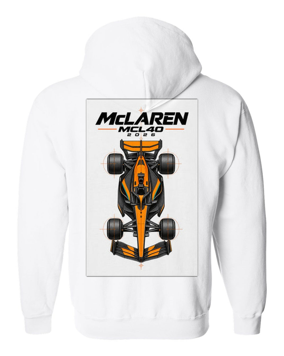 McLaren MCL40 2026 F1 car technical poster artwork white zip hoodie back view with the design