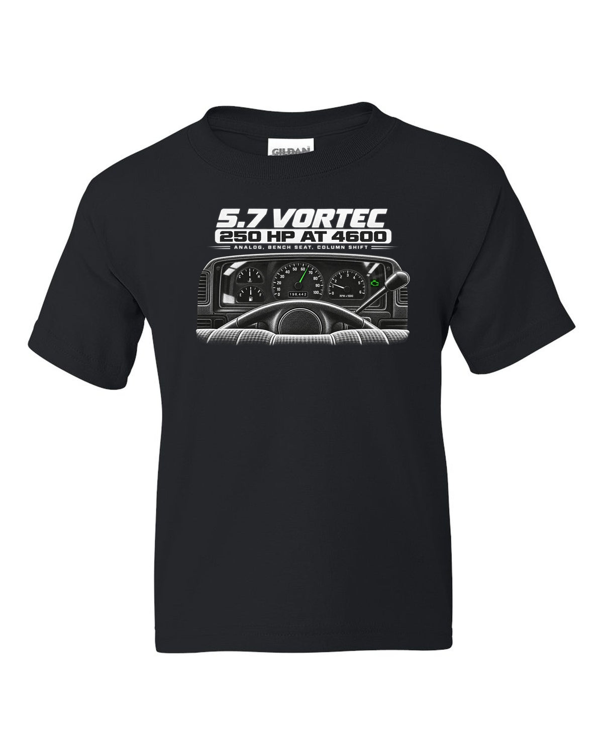 OBS Chevy C1500 cockpit and gauge cluster print black kids tee front view with the design