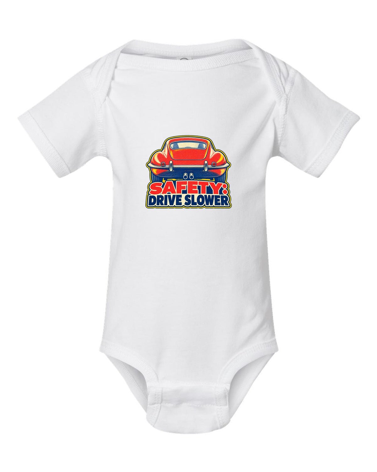 Jaguar E-Type Series 1 risograph print with SAFETY DRIVE SLOWER lettering white baby onesie front view with the design