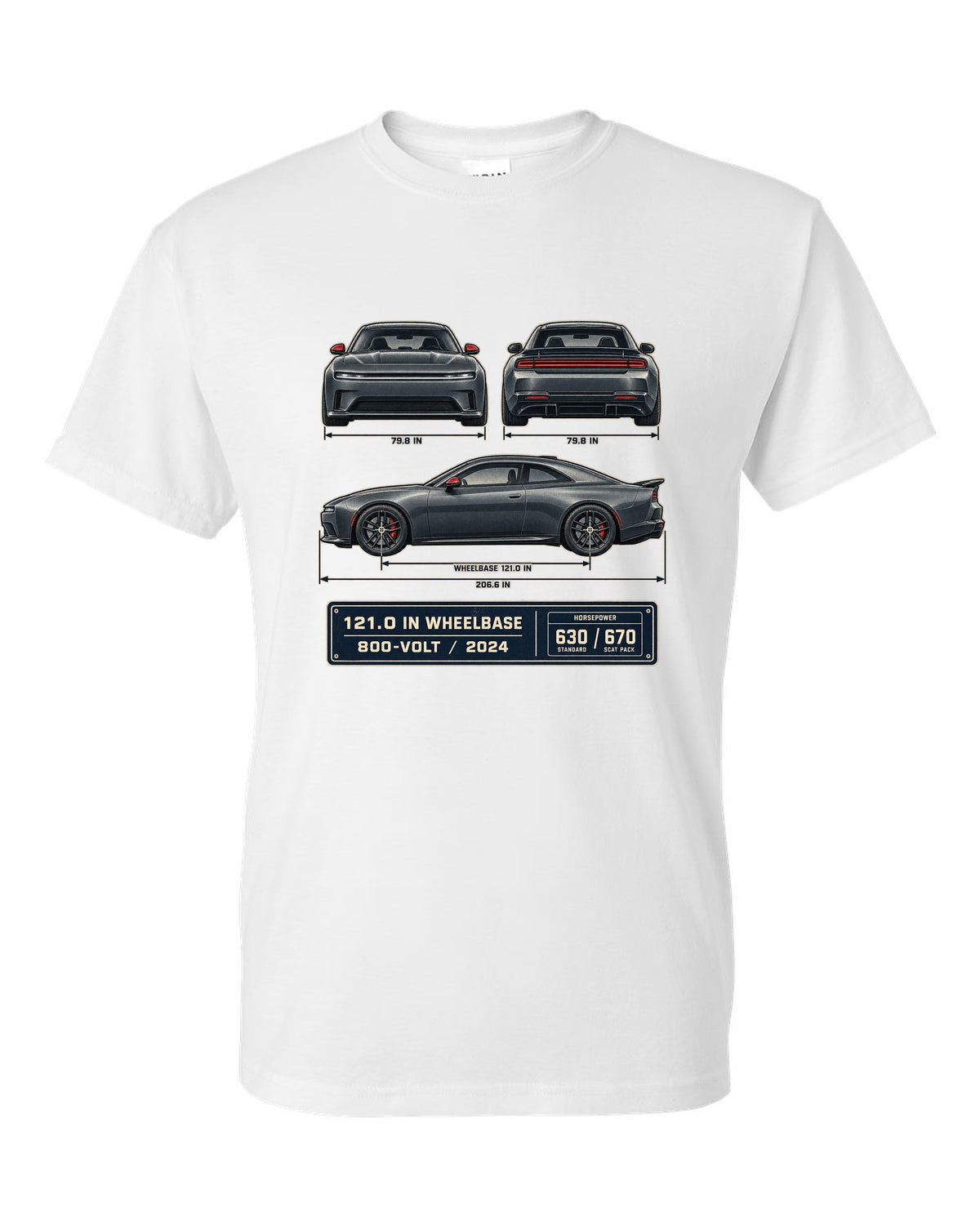 Dodge Charger Daytona Scat Pack 2024 dimension blueprint print white t-shirt front view with the design