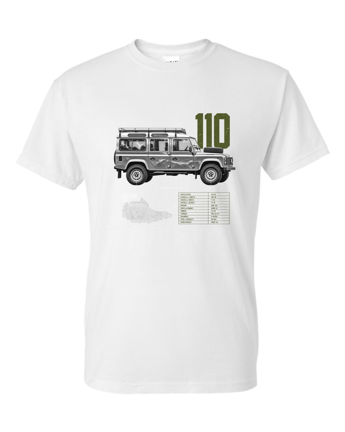 Land Rover Defender 110 spec poster print with 300 Tdi 1994 text white t-shirt front view with the design