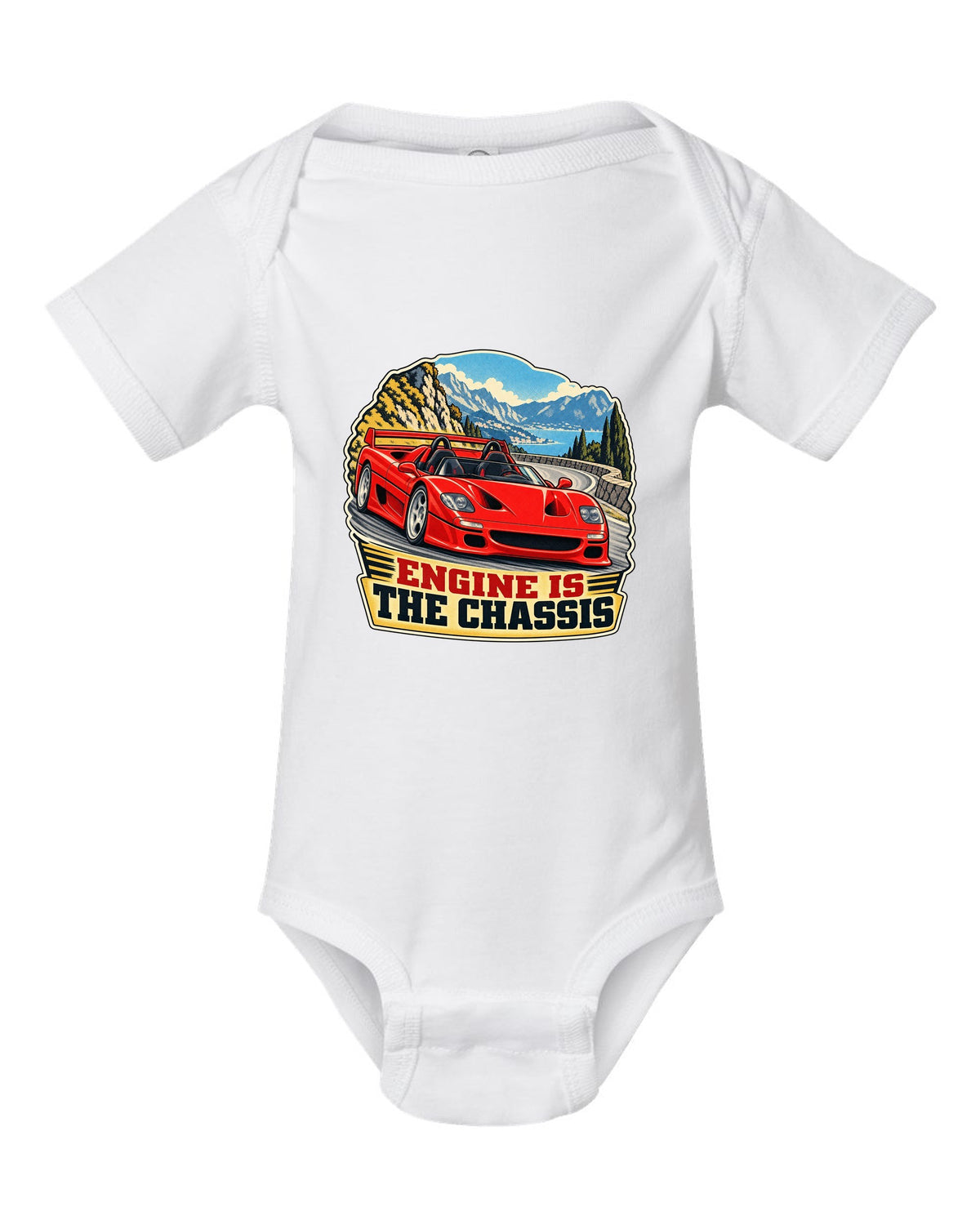 Retro race-programme print of a 1995 Ferrari F50 F130 with roof off on a mountain pass and engine is the chassis text white baby onesie front view with the design