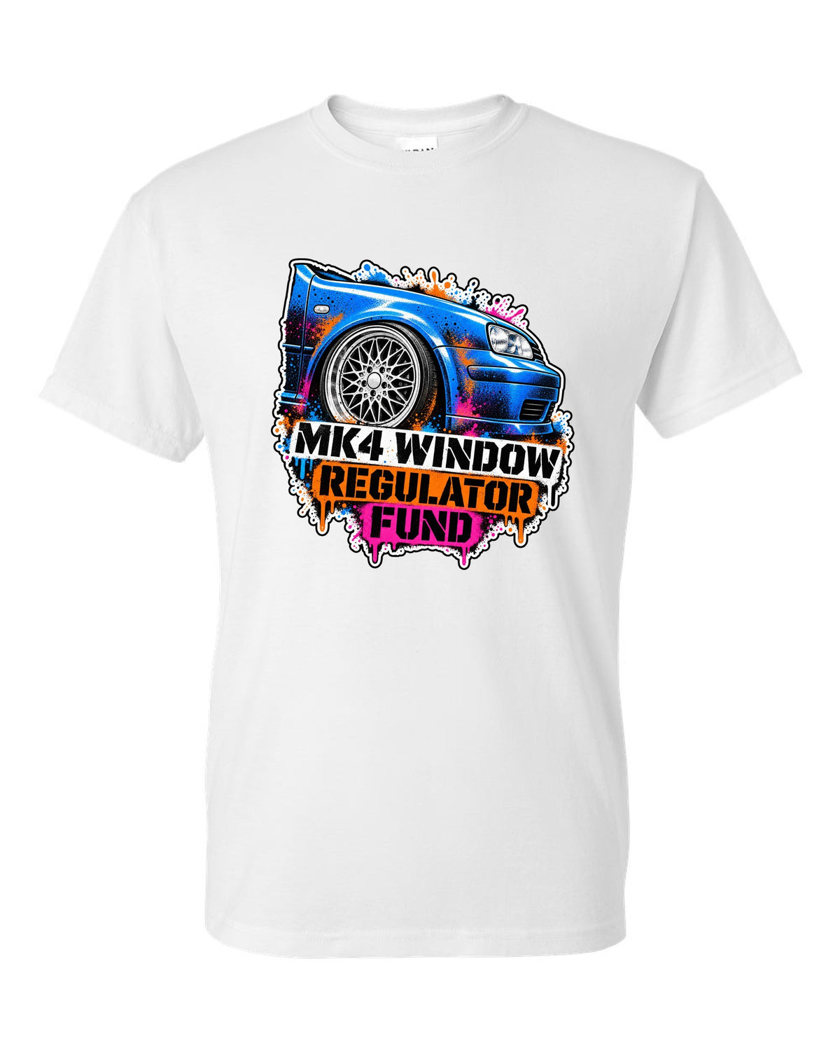 Stencil spray print of a VW Golf Mk4 with mesh wheels and window regulator fund text white t-shirt front view with the design