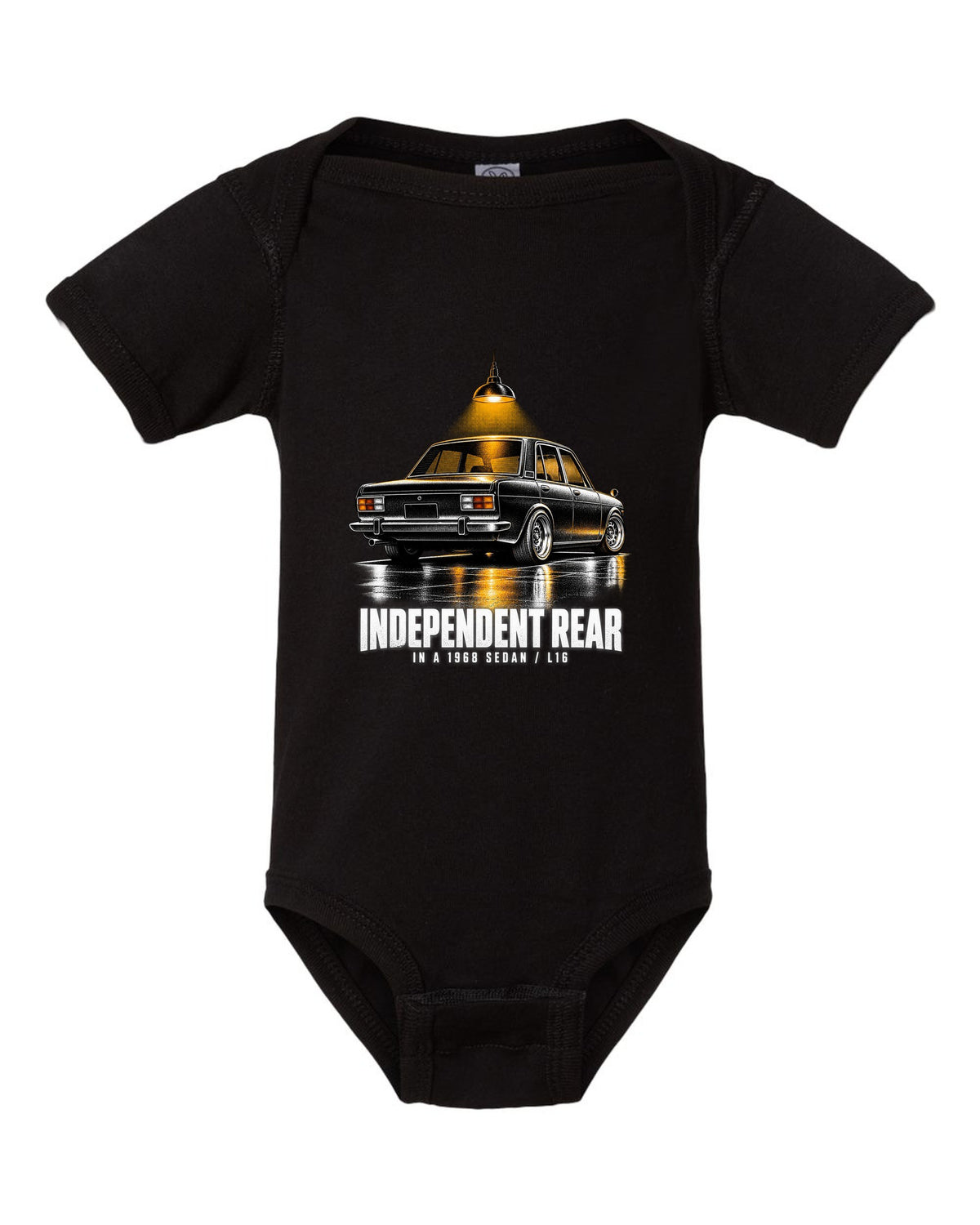 print of a 1968 Datsun 510 PL510 sedan from the rear three-quarter in a night garage black baby onesie front view with the design