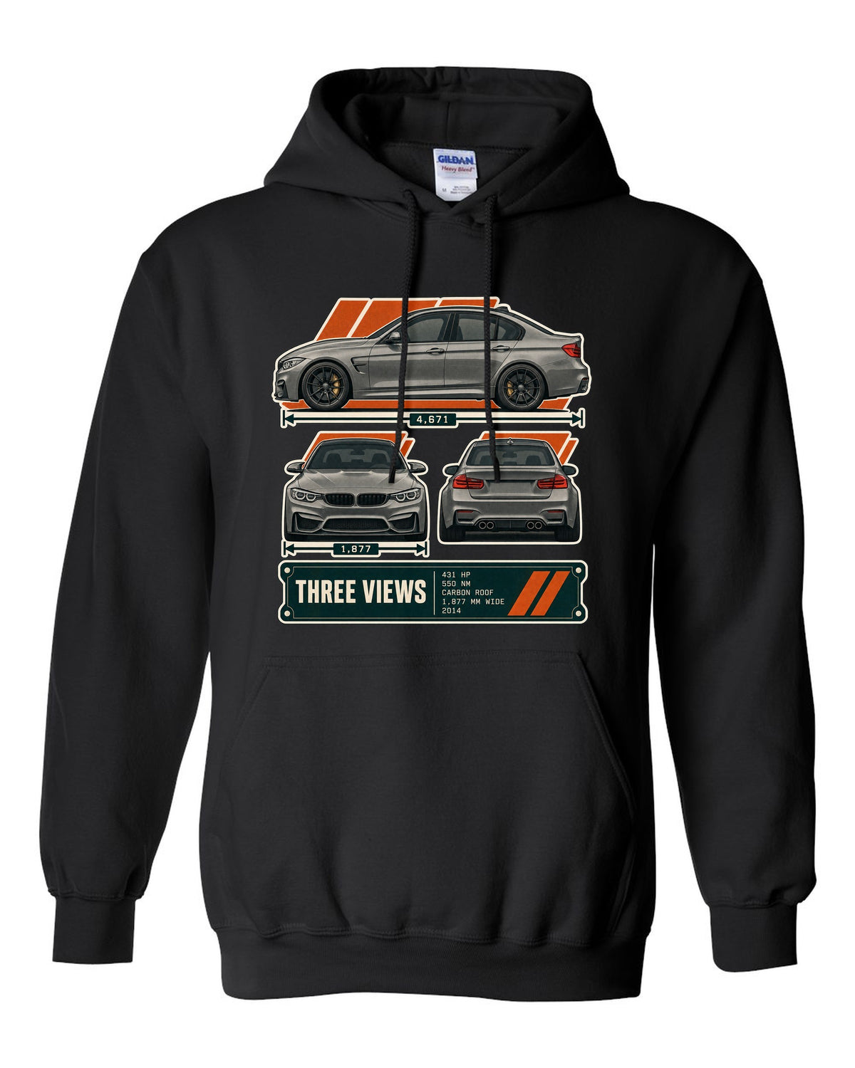 BMW M3 F80 three-view drawing with spec table print black pull over hoodie front view with the design