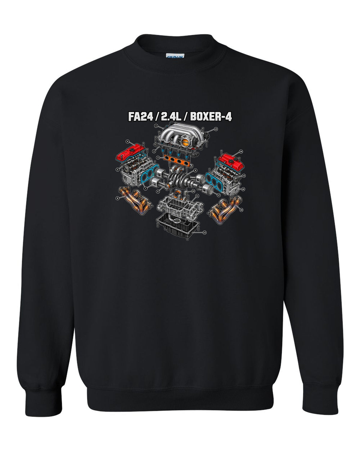 Cutaway exploded diagram of the FA24 2.4L boxer-four engine for a Toyota GR86 ZN8 black crewneck front view with the design