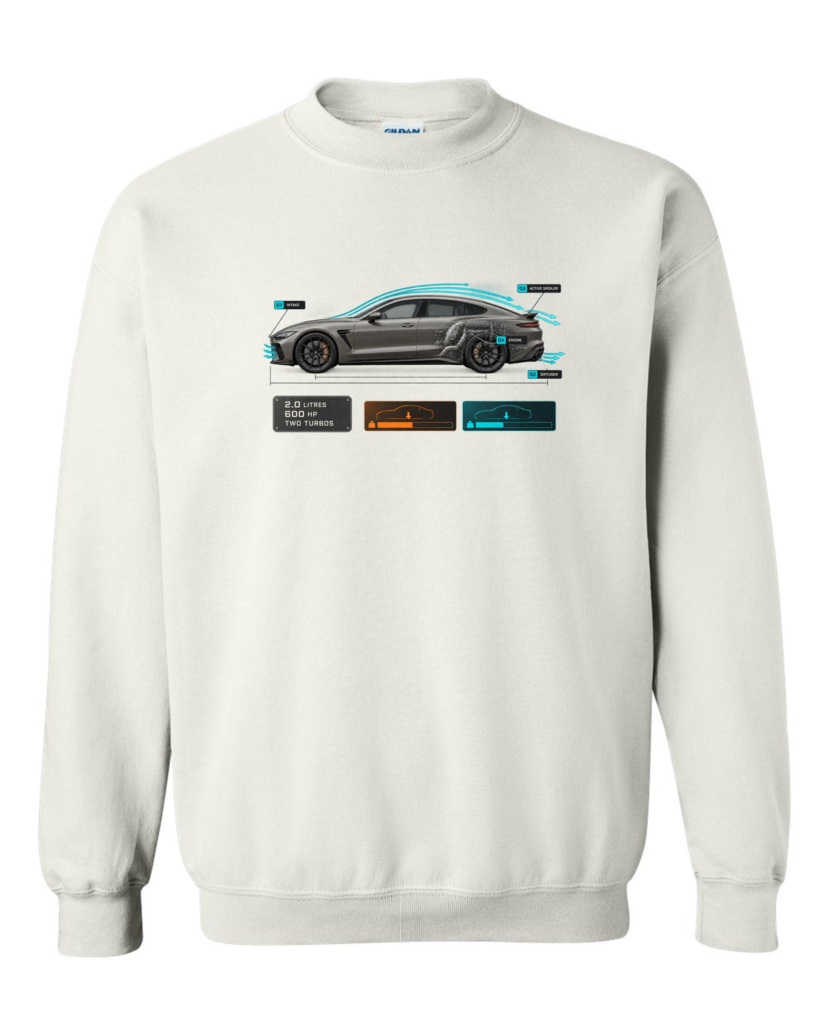 print of the Koenigsegg Gemera with aero callouts and the text 2.0 litres, 600 hp, two turbos white crewneck front view with the design