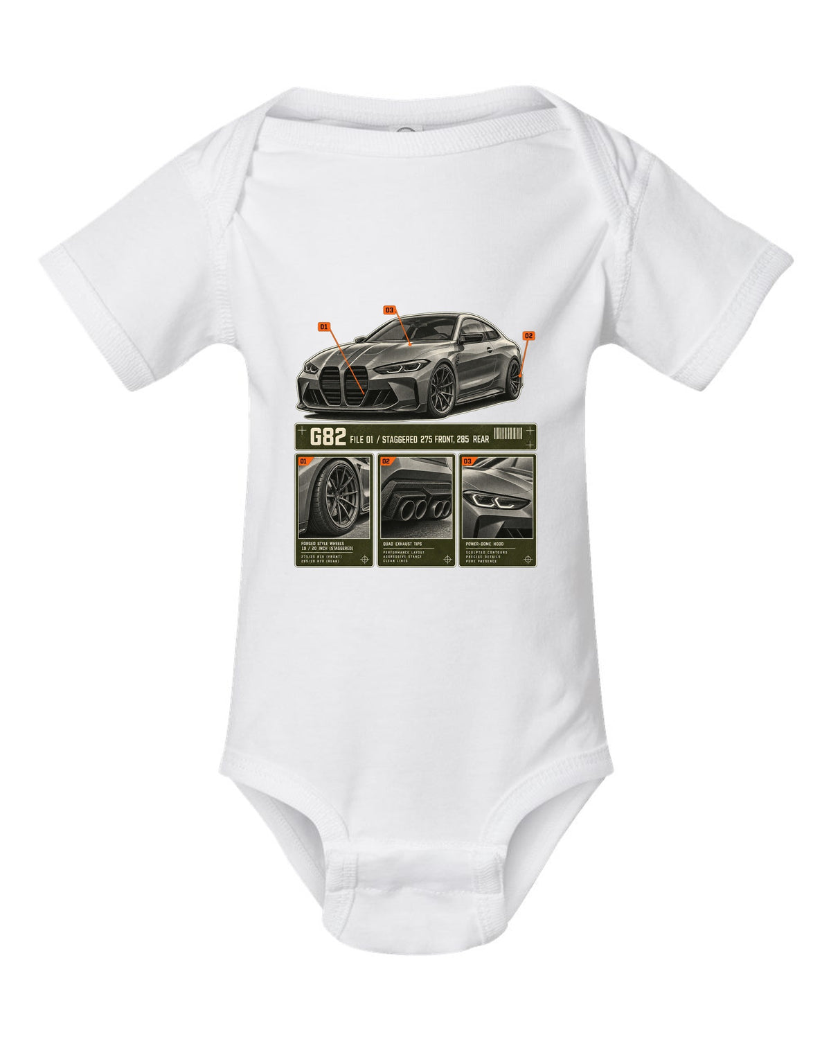 BMW M4 Competition G82 dossier panels print noting staggered 275 front and 285 rear white baby onesie front view with the design