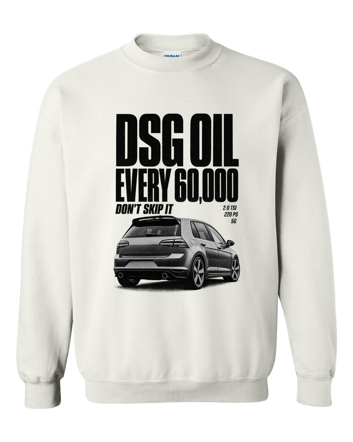 Halftone print of a VW Golf Mk7 GTI rear three-quarter with DSG oil service reminder text white crewneck front view with the design