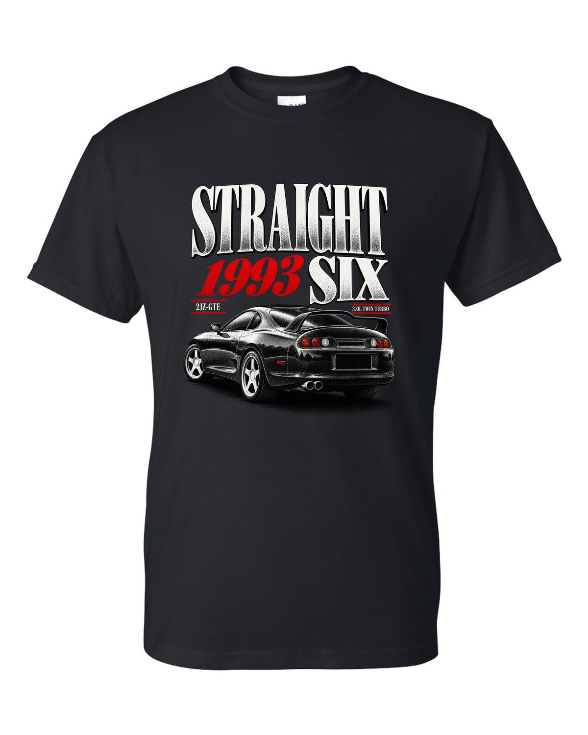 print of a Toyota Supra A80 JZA80 with straight six editorial headline and 2JZ-GTE twin turbo text black t-shirt front view with the design