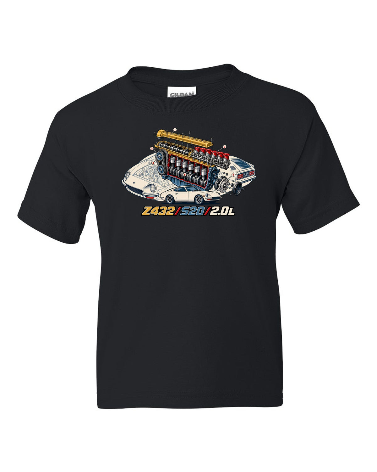 Exploded cutaway engine print for the Z432 with S20 2.0L lettering black kids tee front view with the design