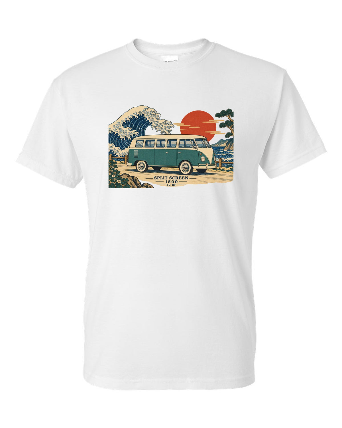 Ukiyo-e woodblock of a 1963 split-window VW Bus T1 with a wave and 42 HP lettering white t-shirt front view with the design