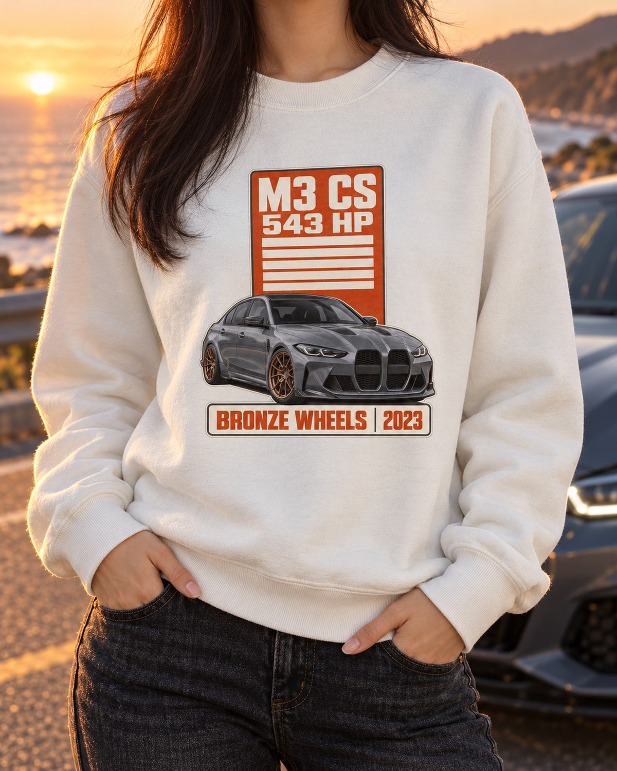 BMW M3 CS G80 Spec Poster Shirt, Bronze Wheels 2023 Tee Crewneck White worn hero