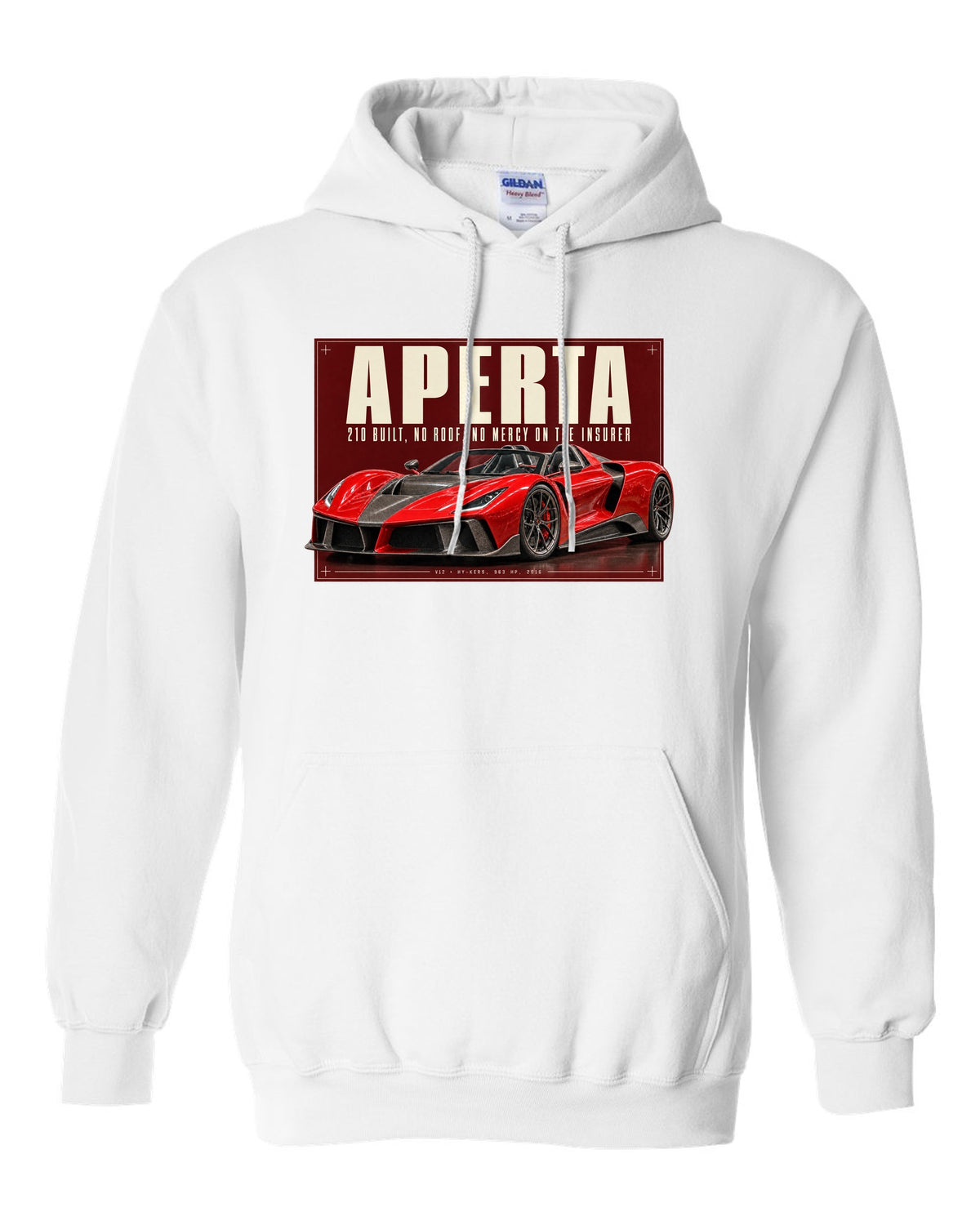 Ferrari LaFerrari Aperta editorial headline print, 210 built white pull over hoodie front view with the design