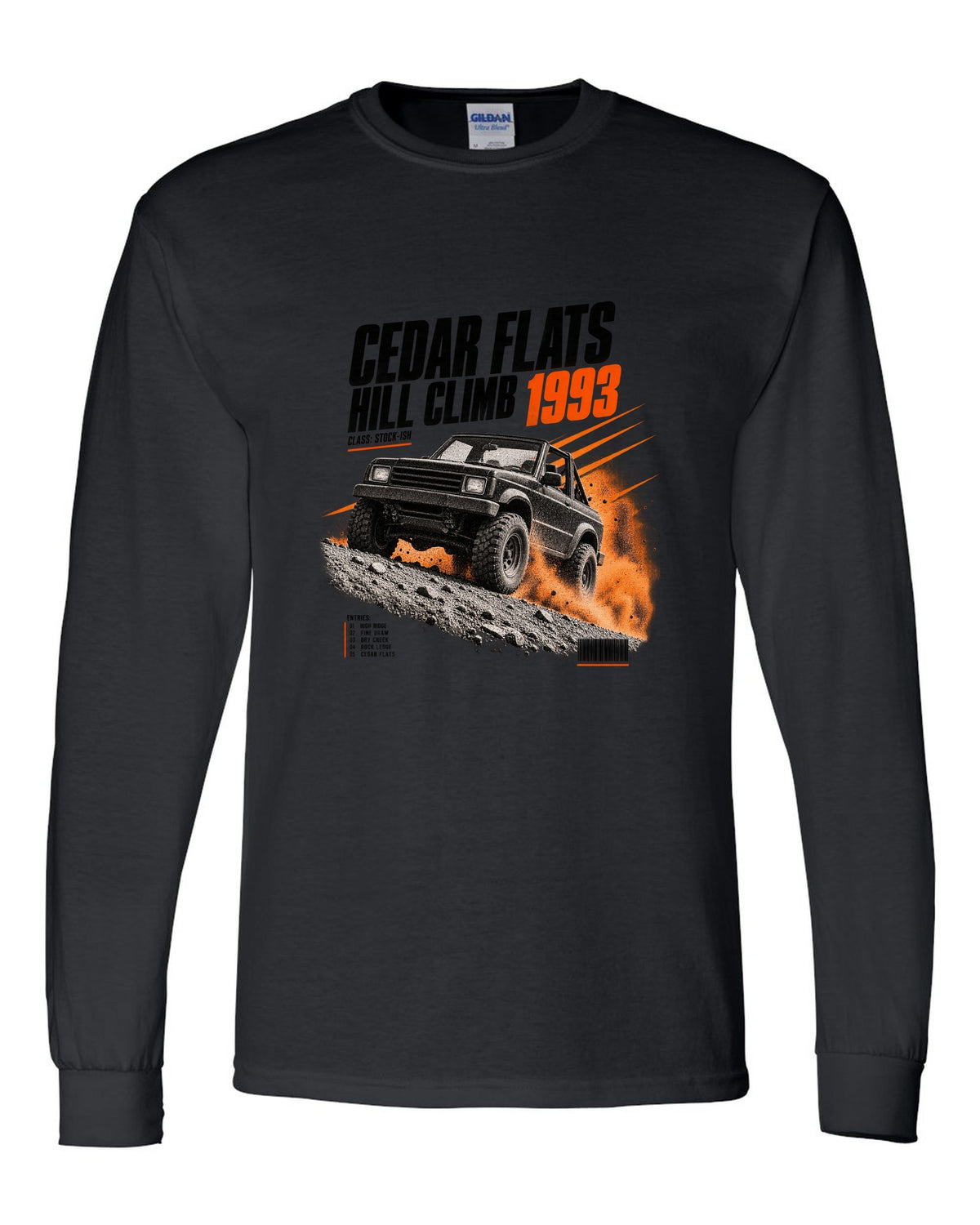 Race poster print for the Jeep Wrangler YJ, Cedar Flats Hill Climb 1993 black long sleeve front view with the design