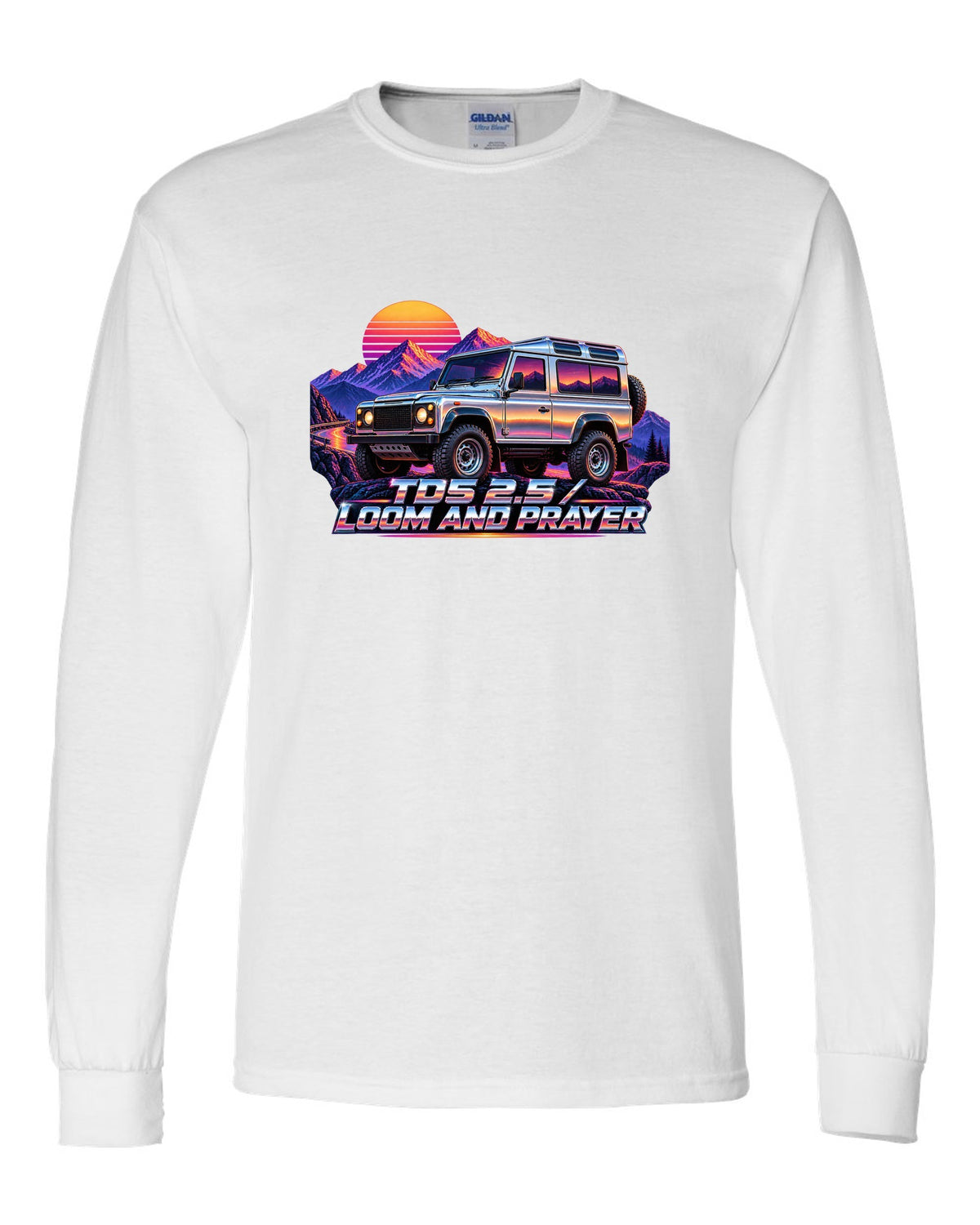 80s airbrush chrome art of a Land Rover Defender 110 Td5 on a sunset mountain pass white long sleeve front view with the design