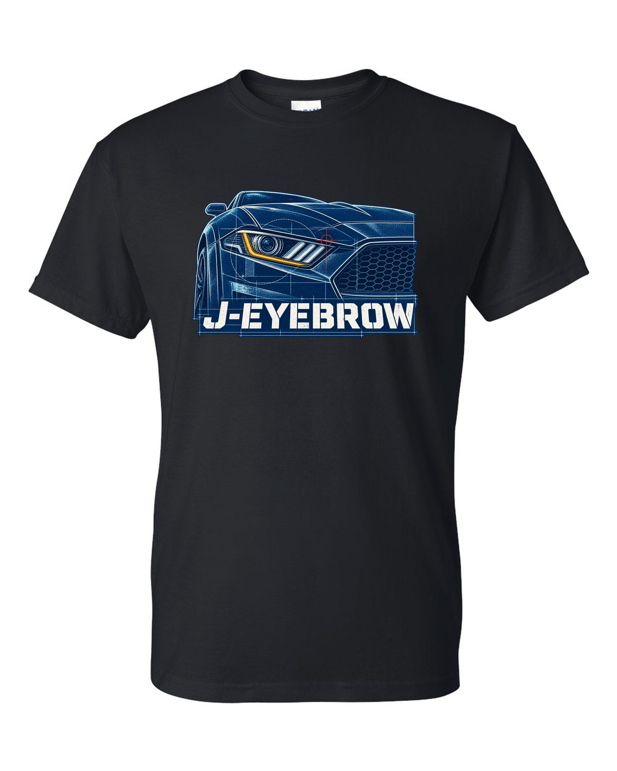 Cyanotype blueprint of a 2015-2023 S550 Ford Mustang fastback with J-Eyebrow label black t-shirt front view with the design