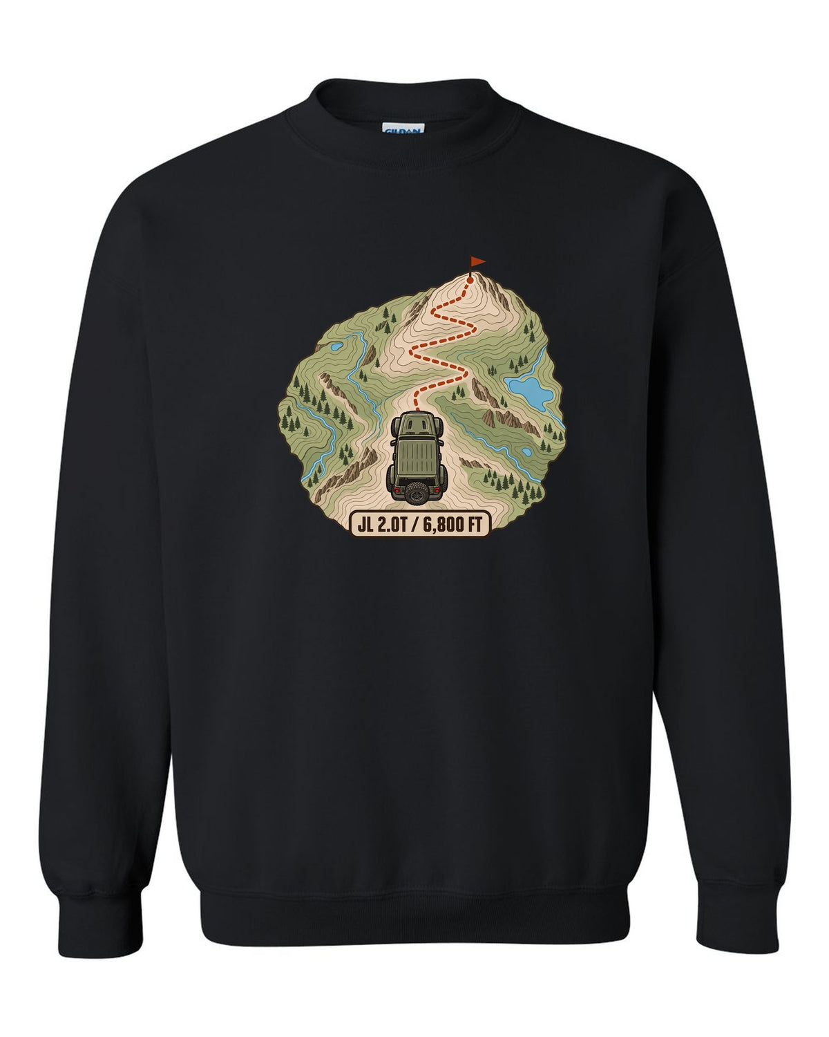 Jeep Wrangler JL 2.0T topographic contour map design with route line and 6,800 ft text black crewneck front view with the design