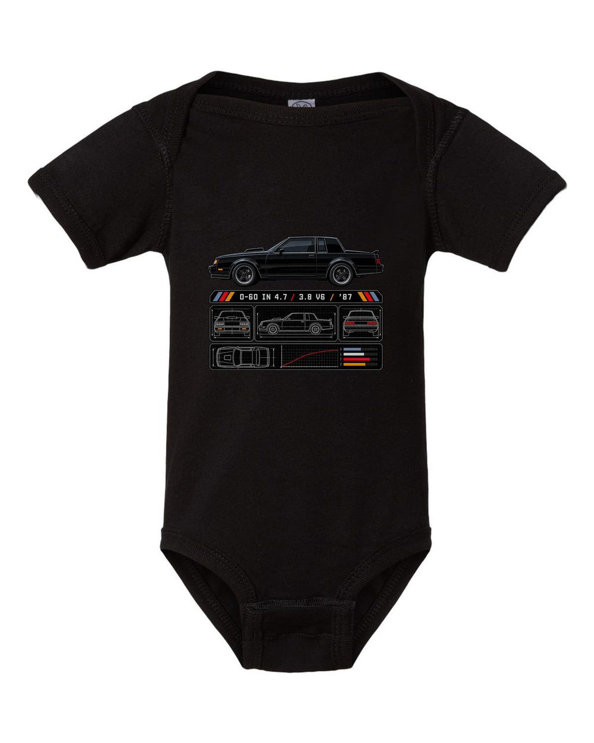 Spec-sheet print for a 1987 Buick Grand National with the text 0-60 in 4.7, 3.8 V6, '87 black baby onesie front view with the design