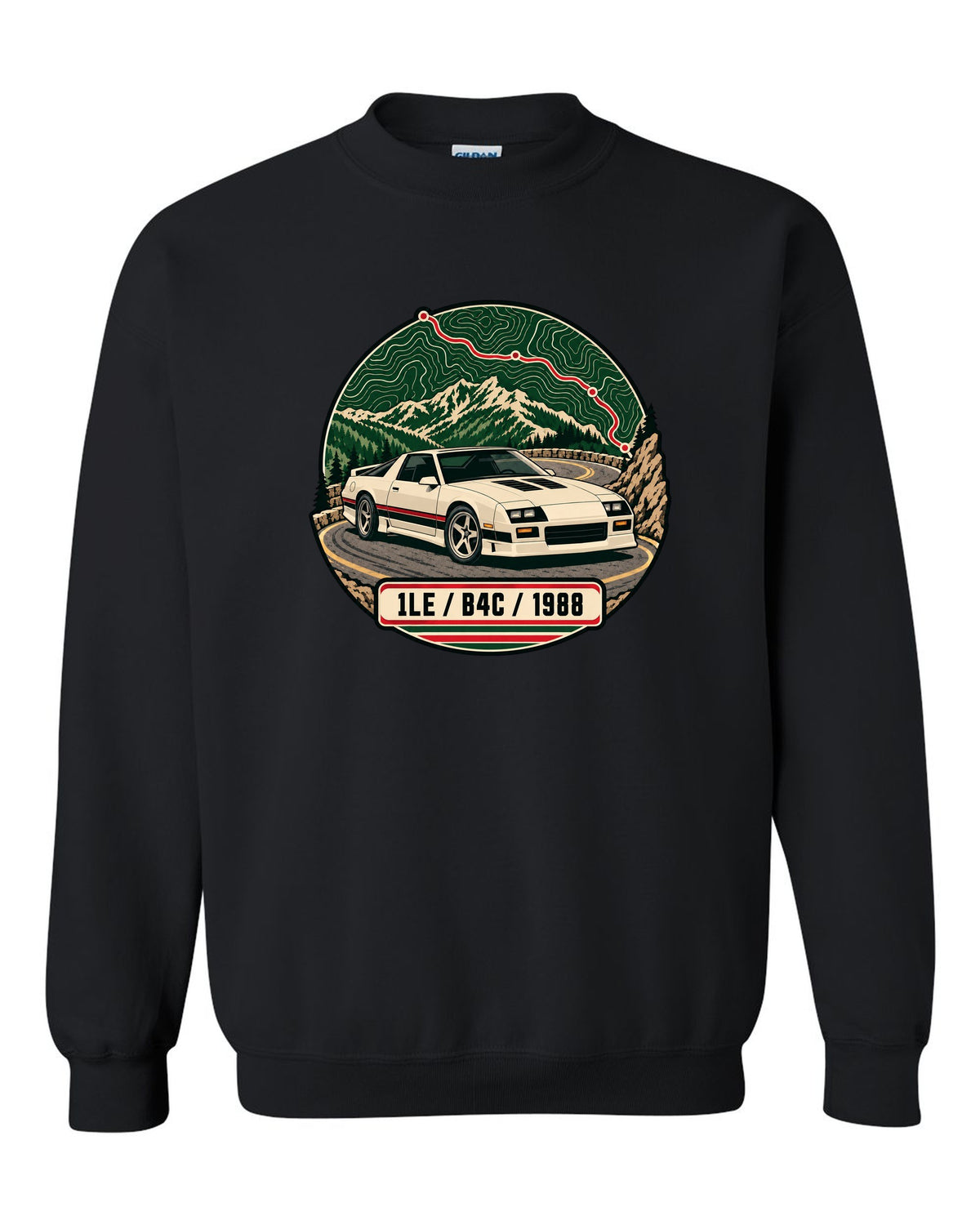 1988 Chevrolet Camaro 1LE topographic route map print with 1LE B4C 1988 text black crewneck front view with the design
