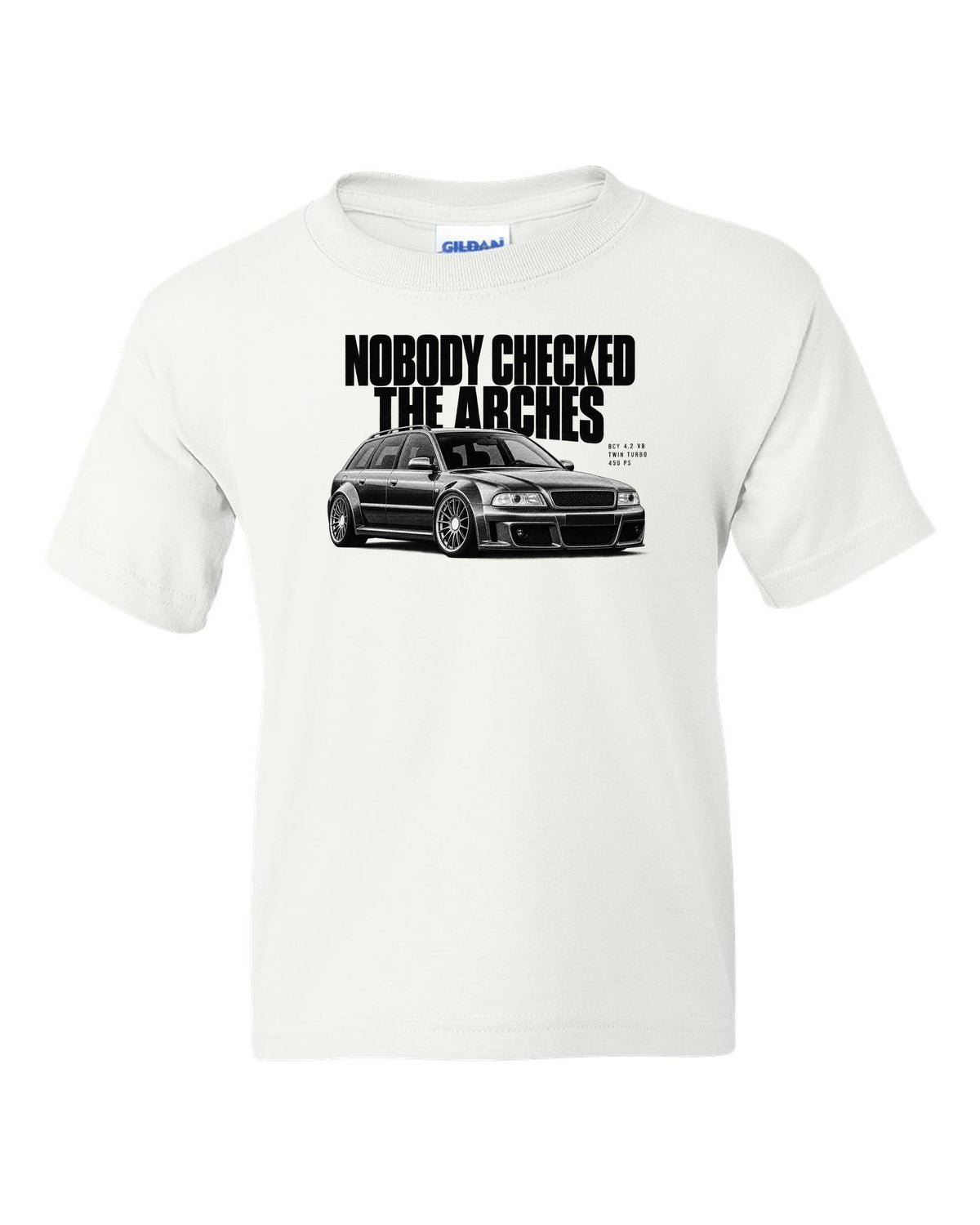 Audi RS6 Avant C5 4B front three-quarter in halftone with arches text white kids tee front view with the design