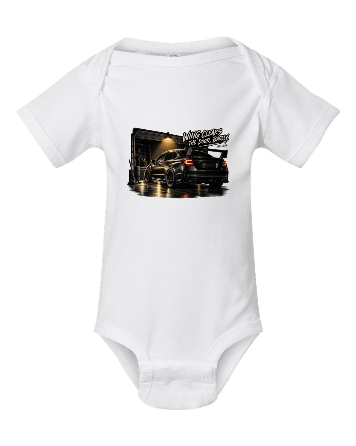 Subaru WRX STI VAB 2018 in a garage with wing clears the door barely text white baby onesie front view with the design
