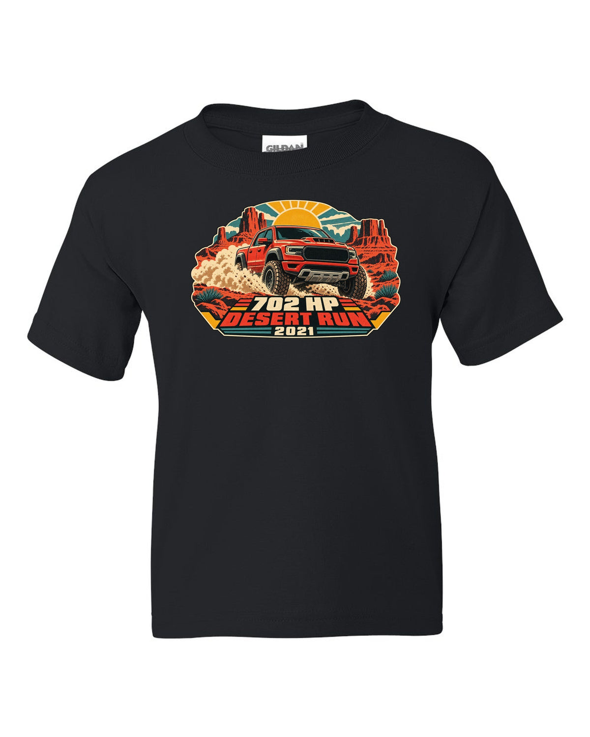 Vintage desert race poster print of a 2021 Ram 1500 TRX with 702 HP text black kids tee front view with the design