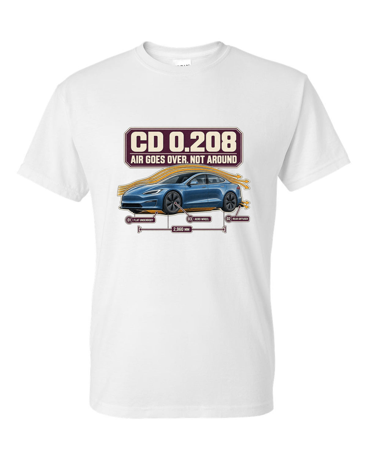 Aero callout print of a Tesla Model S Plaid with drag coefficient 0.208 white t-shirt front view with the design