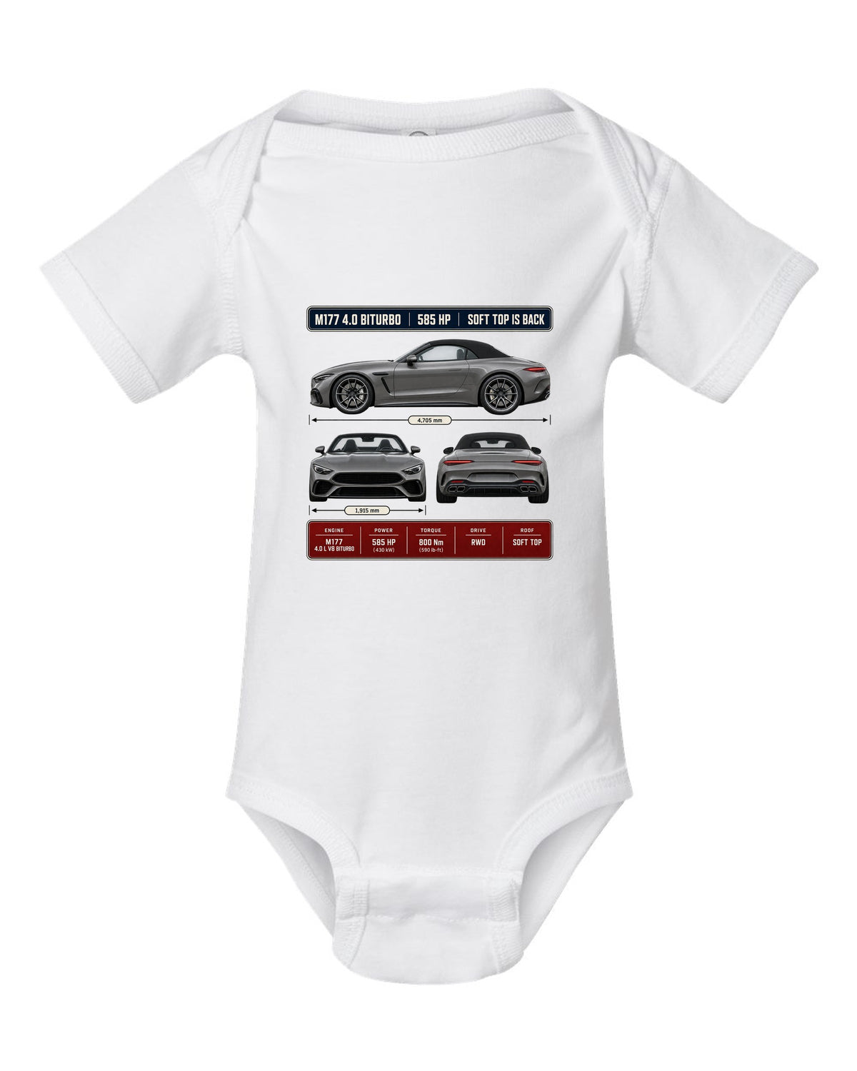 Mercedes-AMG SL63 R232 Three-View Spec white baby onesie front view with the design