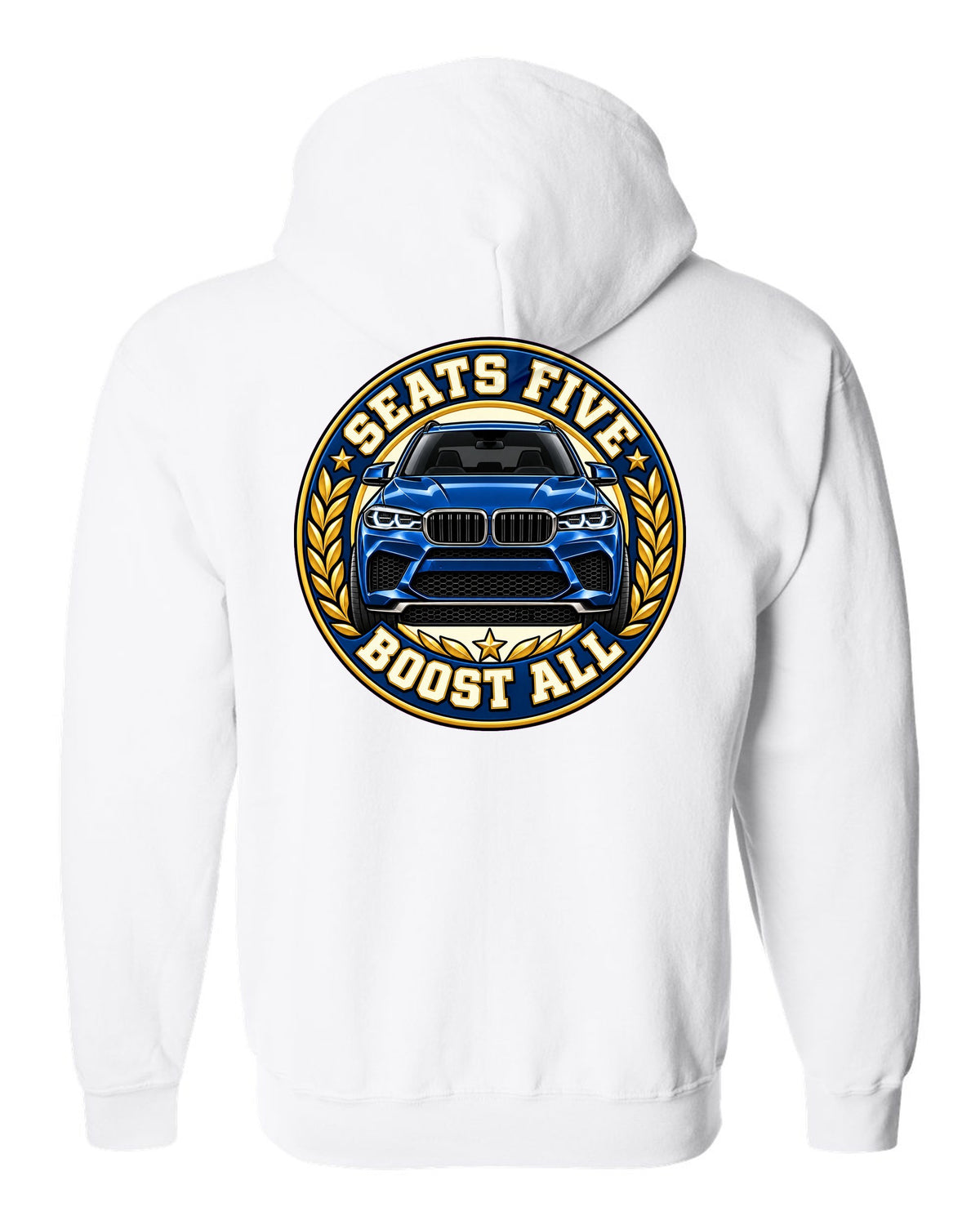Embroidery-style varsity crest print for the BMW X5 M F85 white zip hoodie back view with the design