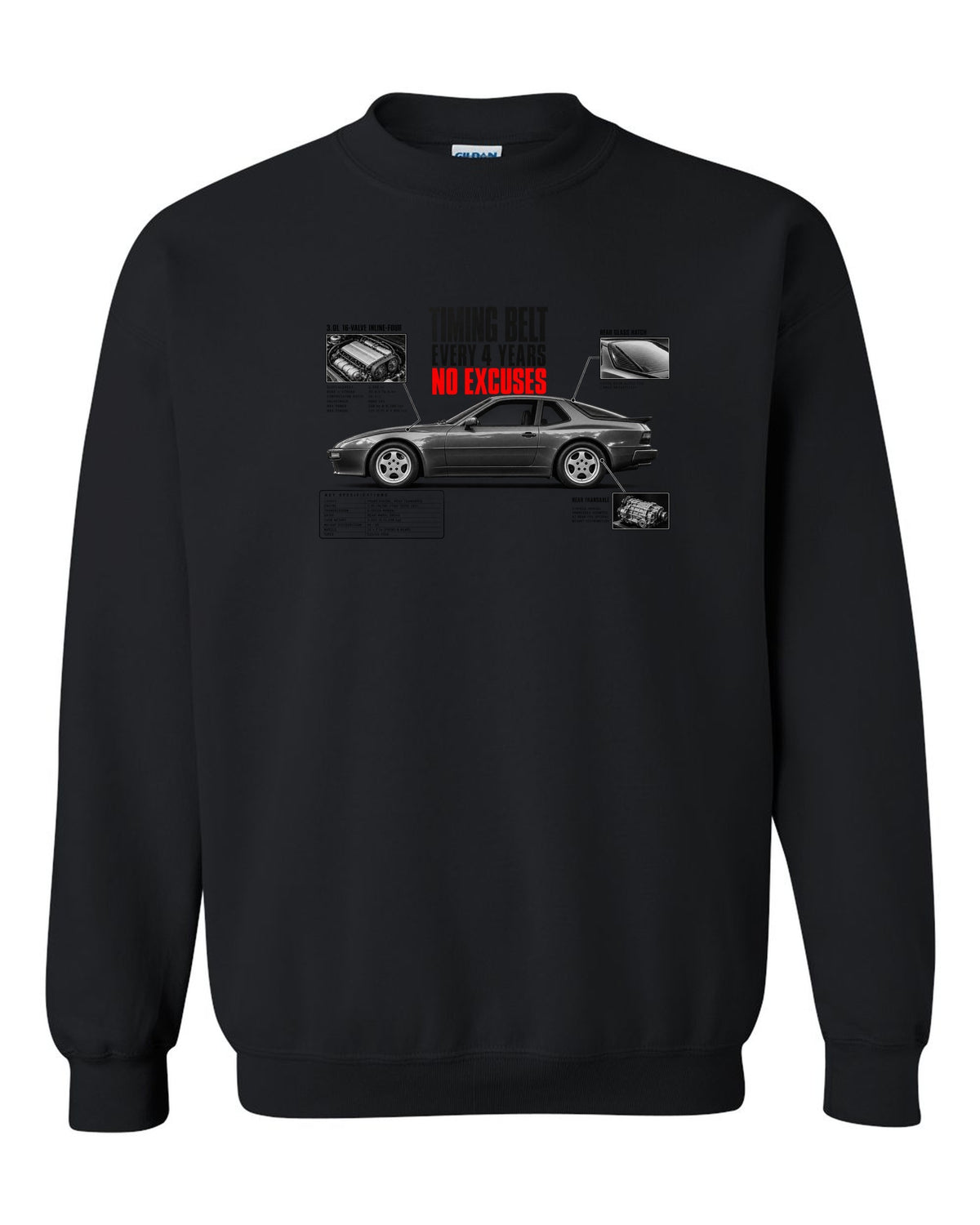 Spec poster print for a Porsche 944 S2 with a timing belt every 4 years caption black crewneck front view with the design