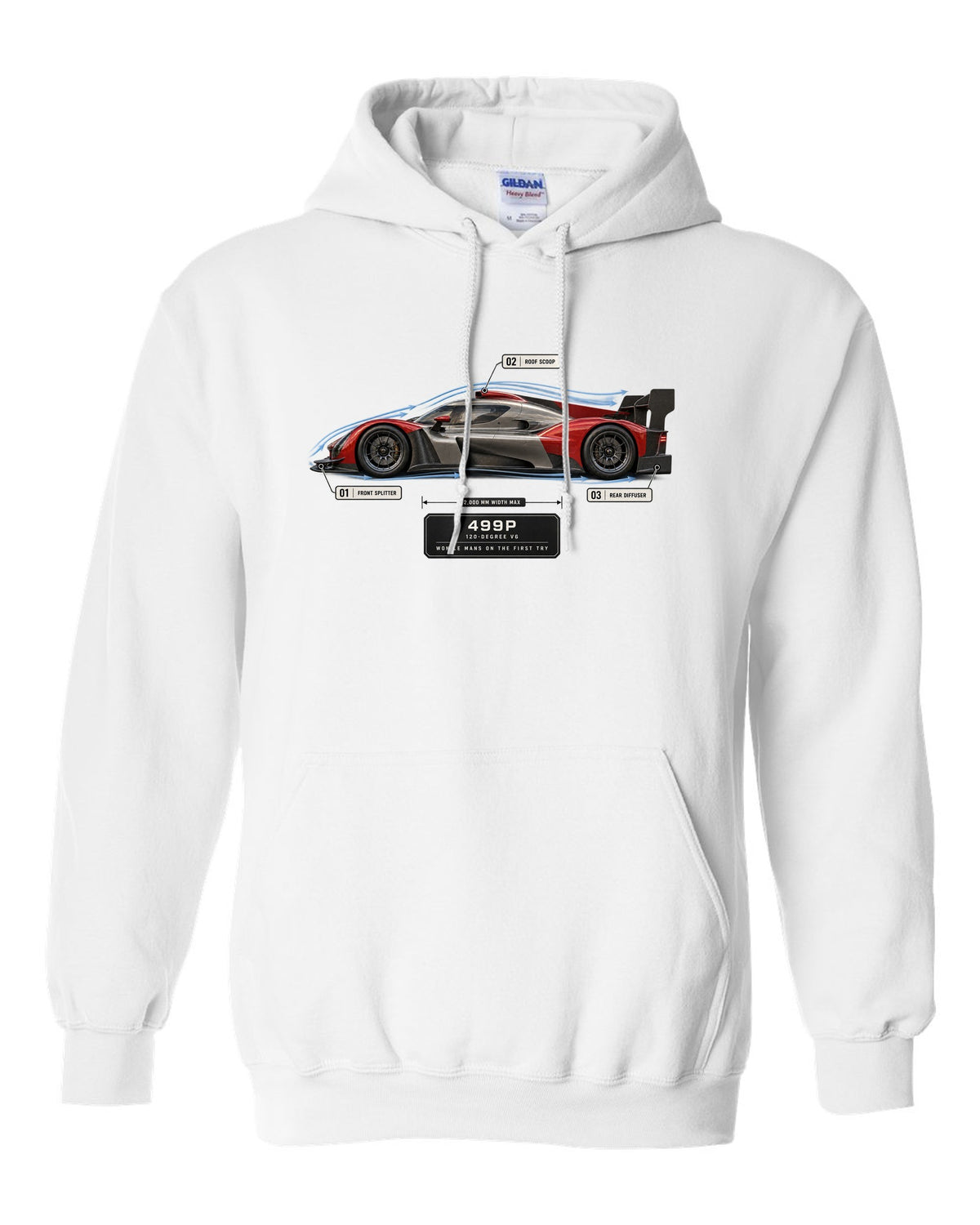 Ferrari 499P Le Mans Hypercar aero callout print with 120-degree V6 white pull over hoodie front view with the design