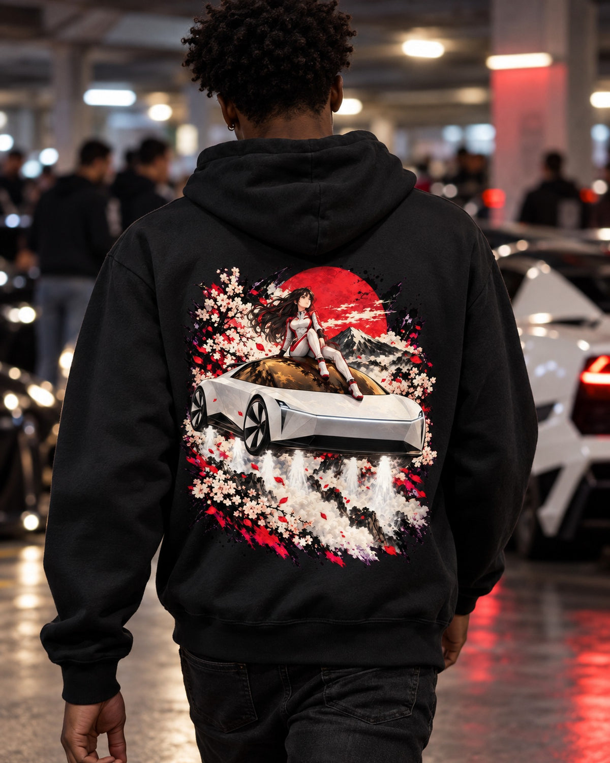 Tesla Roadster Rooftop Anime Girl Shirt, Hoodie & More Pull Over Hoodie Black worn hero
