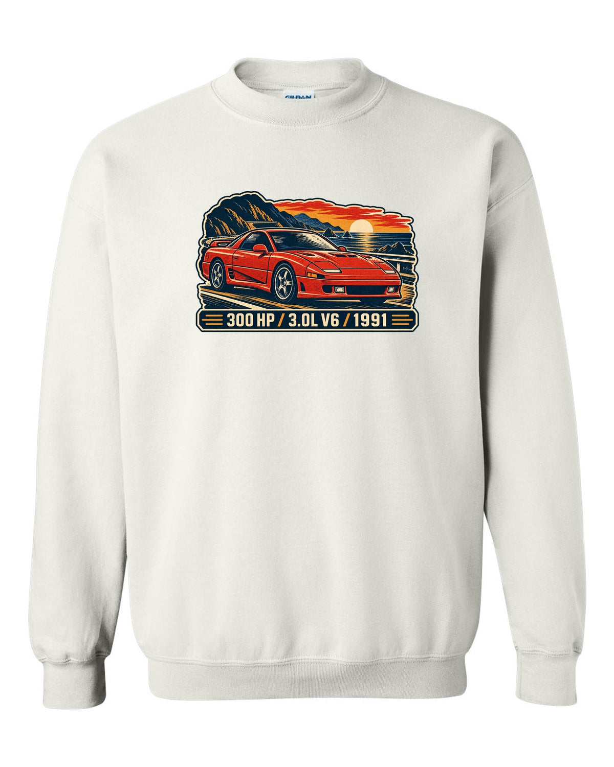 Linocut woodcut print of the Mitsubishi 3000GT VR-4 with 300 HP 3.0L V6 1991 text white crewneck front view with the design