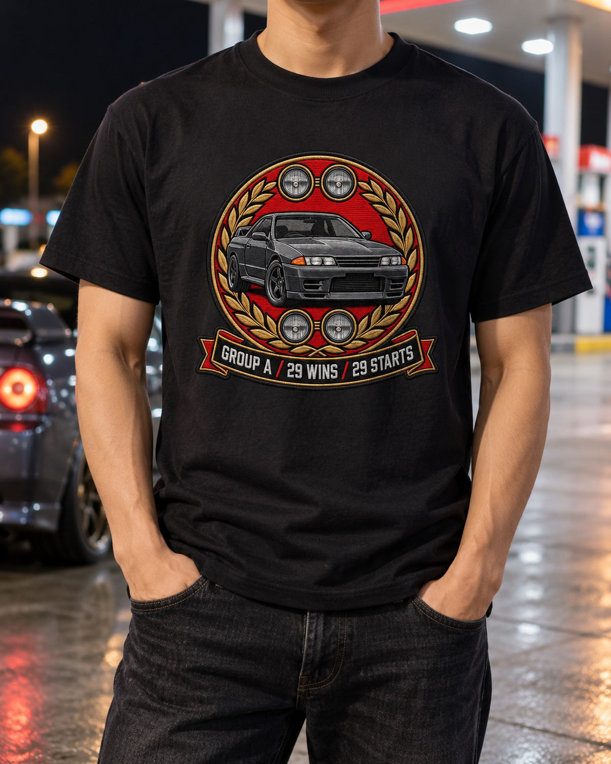 Group A Crest Shirt, Nissan Skyline GT-R R32 29 Wins T-Shirt Black worn hero
