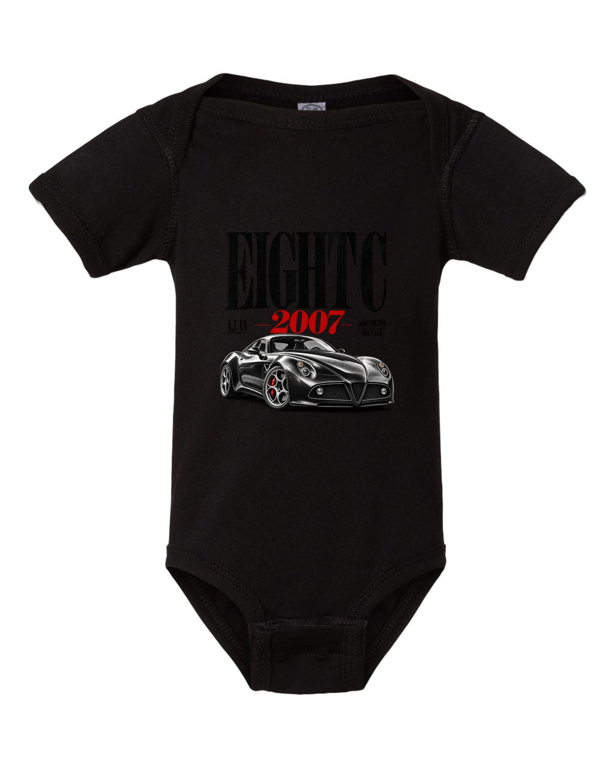Editorial headline print for the Alfa Romeo 8C Competizione with 4.7 V8 text black baby onesie front view with the design