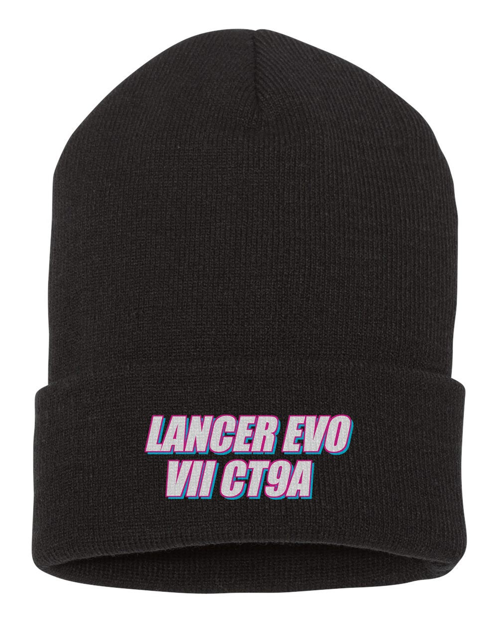 Lancer Evo Vii Ct9A black beanie front view with car name