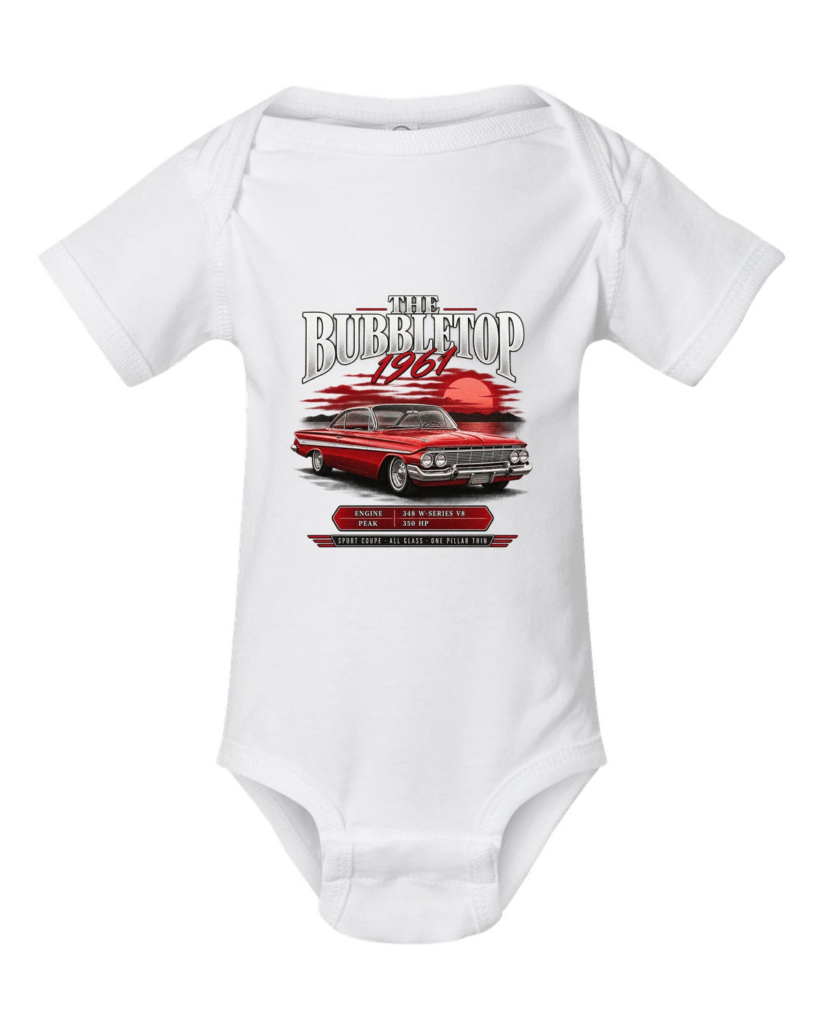 1961 Impala Sport Coupe bubbletop archive panel print with 348 V8 callouts white baby onesie front view with the design