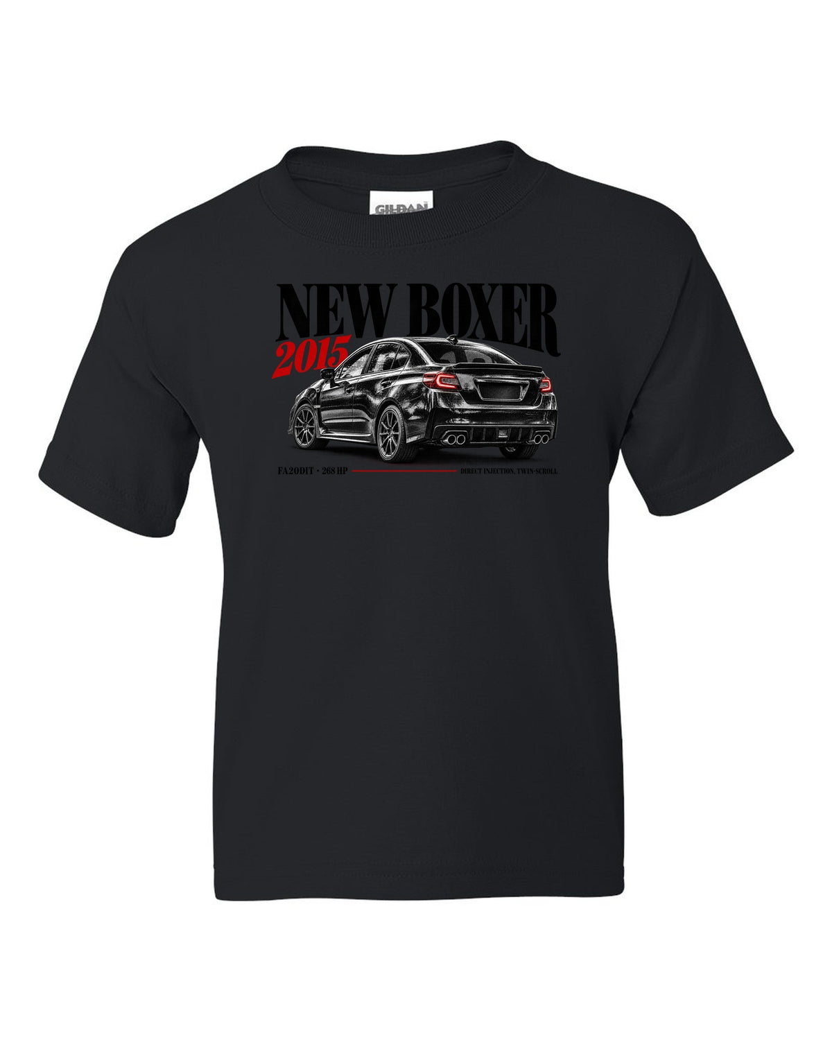 Editorial headline print for the Subaru WRX VA saloon reading New Boxer, 2015, FA20DIT, 268 HP black kids tee front view with the design