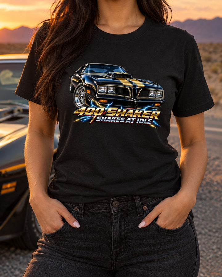 1977 Pontiac Trans Am 400 Shaker Hood Airbrush Chrome Tee T-Shirt Black worn hero