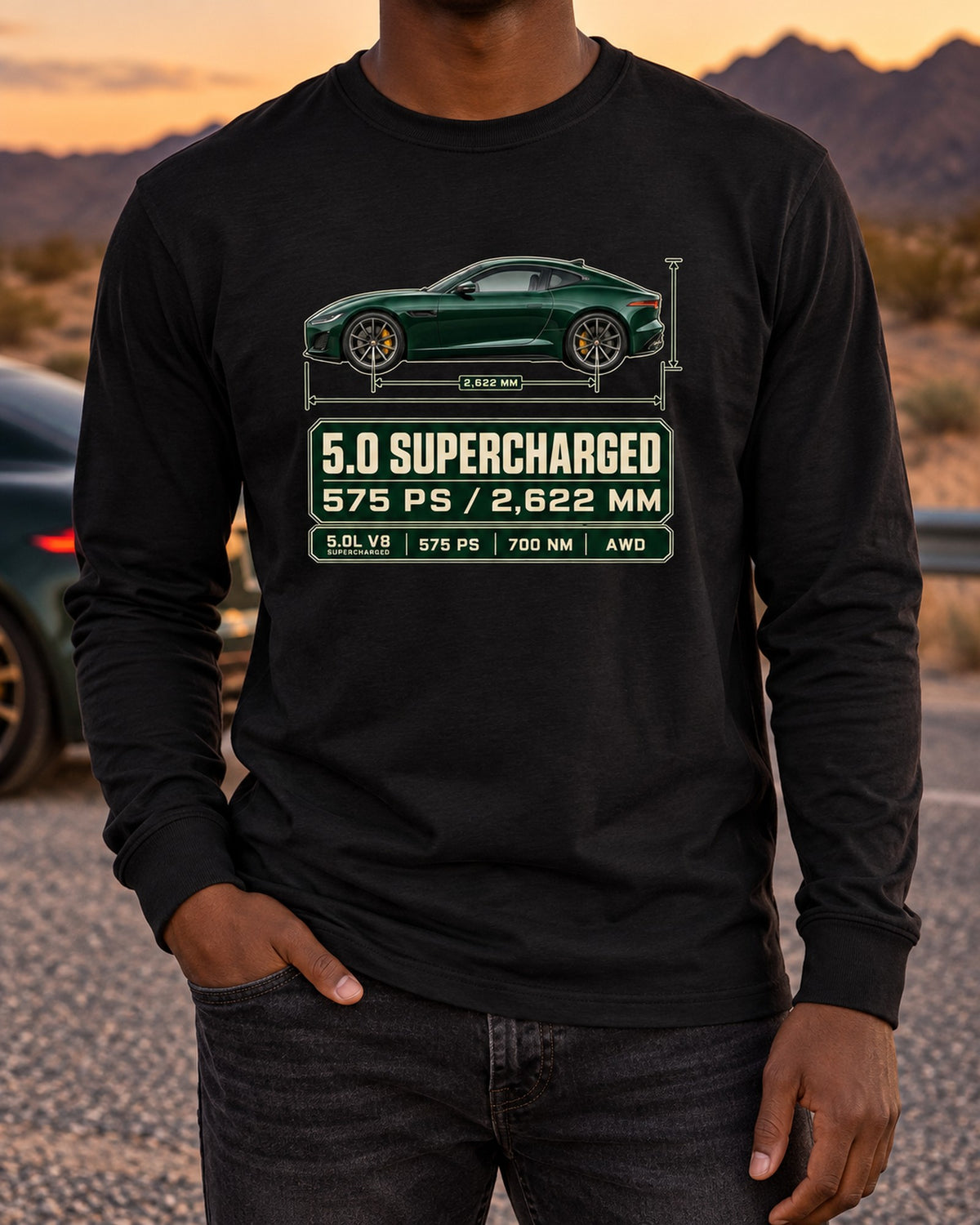 Jaguar F-Type R Coupe Spec Poster Shirt, Supercharged V8 Long Sleeve Black worn hero