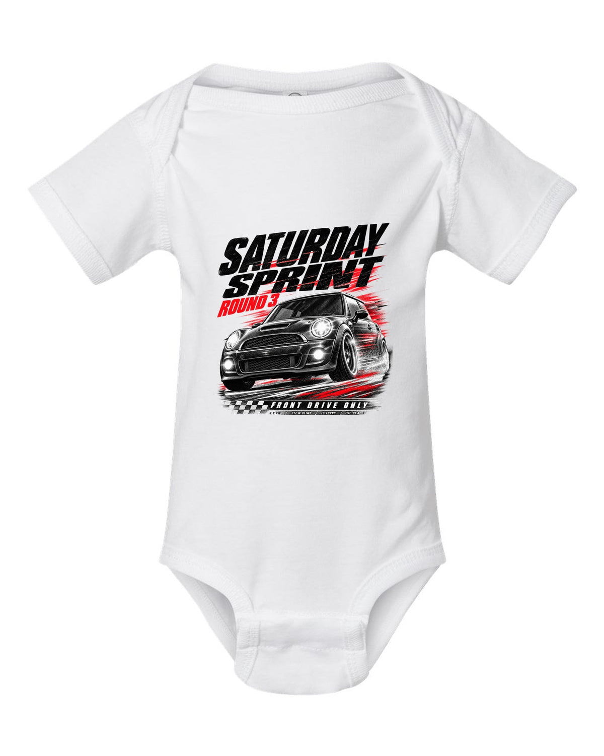 Race poster print of a Mini Cooper JCW R56 front three-quarter at a Saturday sprint round three white baby onesie front view with the design