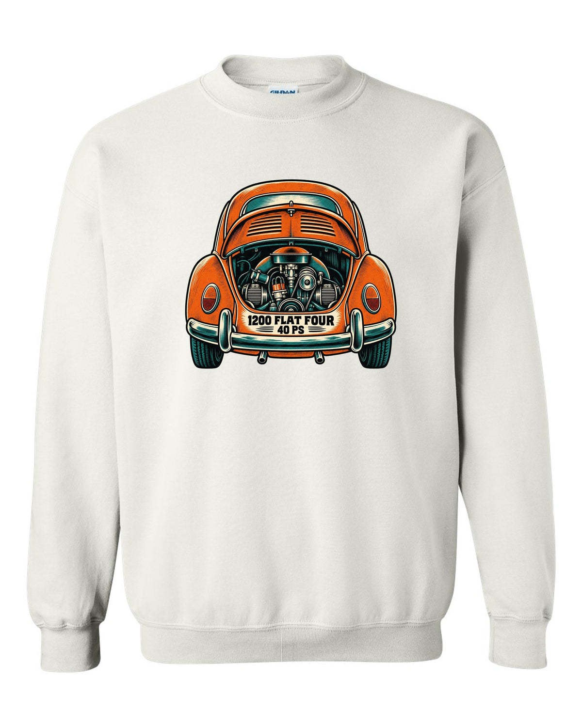 Linocut woodcut style VW Beetle Type 1 with 1200 flat four and 40 PS lettering white crewneck front view with the design