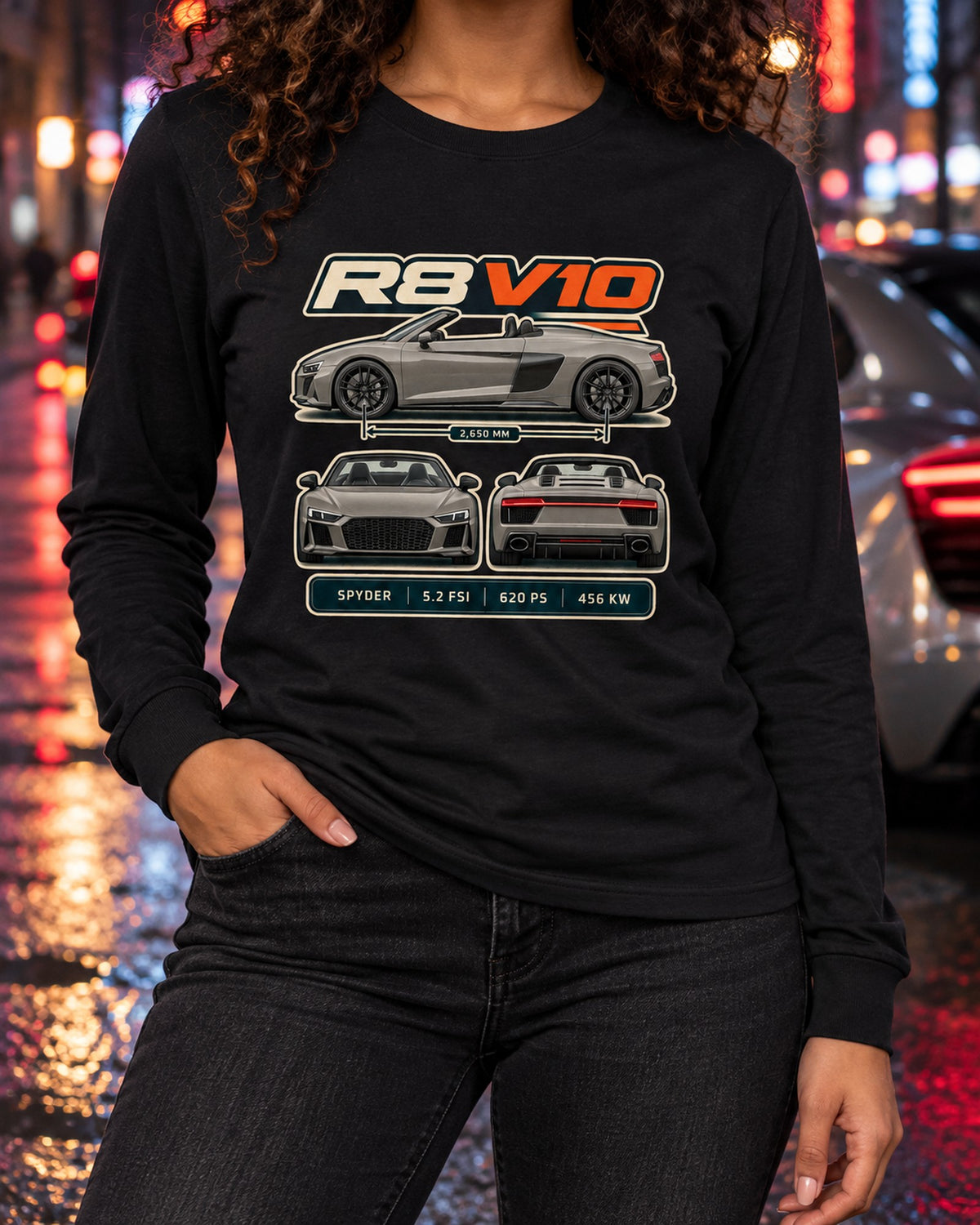 Audi R8 Spyder V10 Performance Three-View Spec Table Shirt Long Sleeve Black worn hero