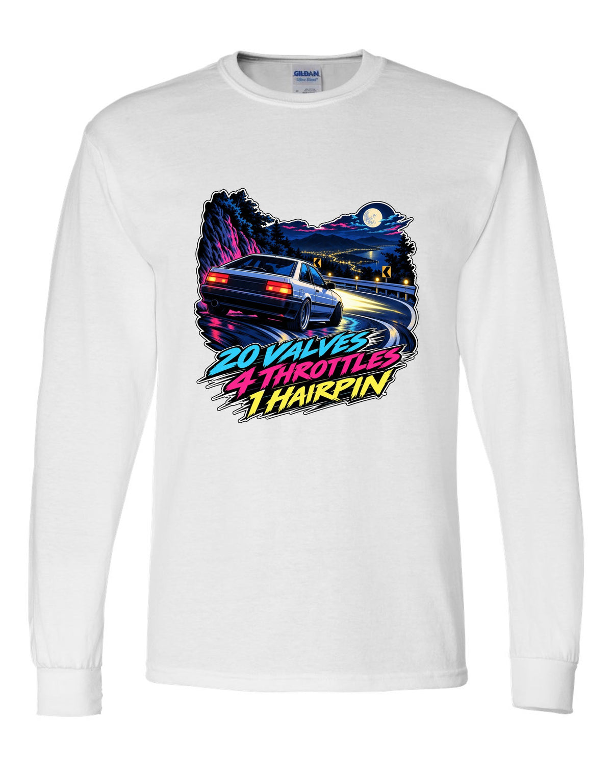 Cel-shaded 90s anime night touge scene of a Toyota Corolla AE101 with valves and throttles lettering white long sleeve front view with the design