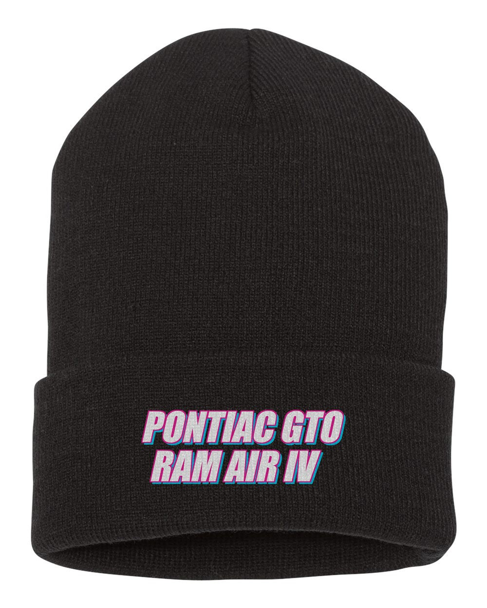 Pontiac Gto Ram Air Iv black beanie front view with car name