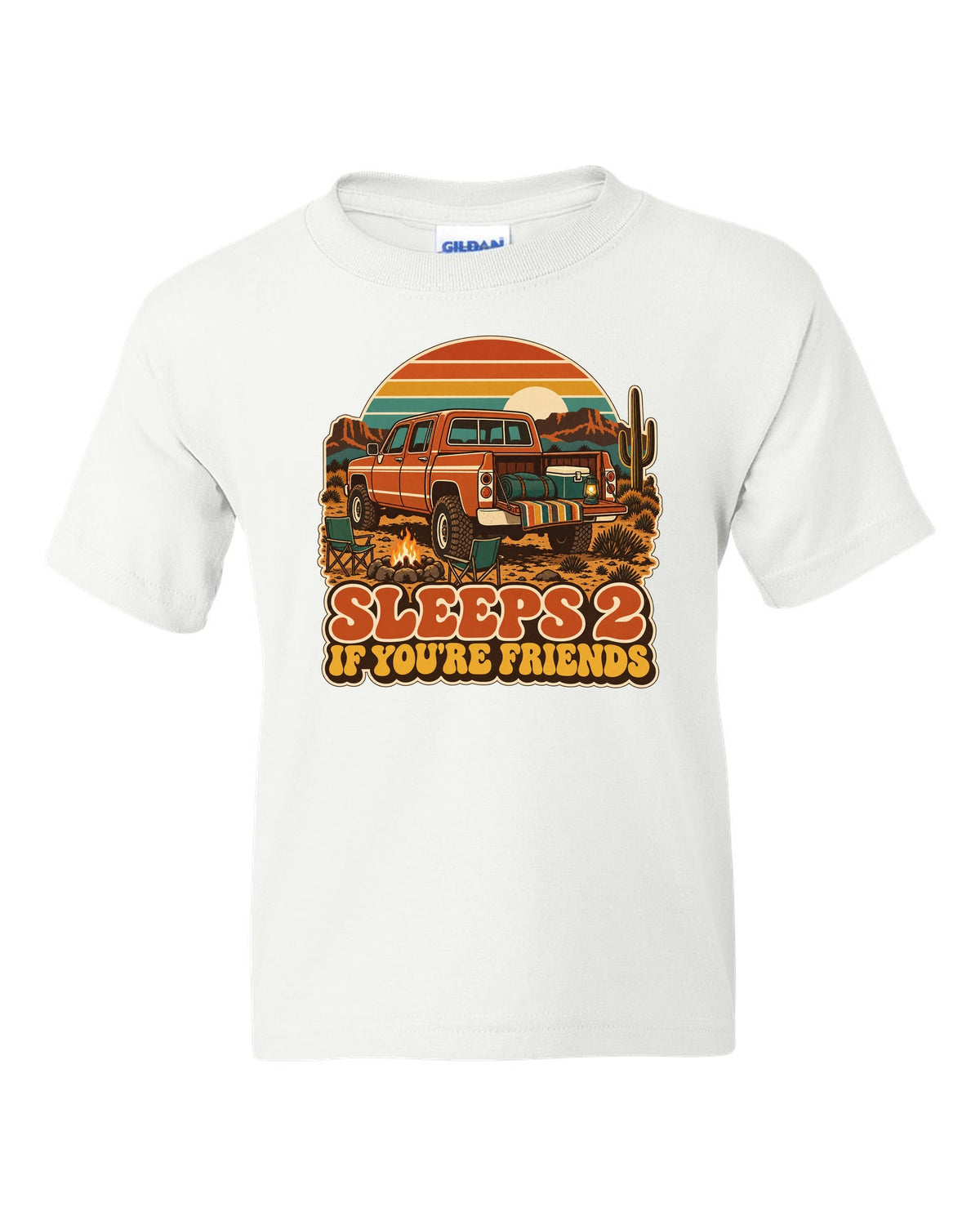 Jeep Gladiator JT retro 70s outdoors poster with sunset stripes and sleeps 2 text white kids tee front view with the design
