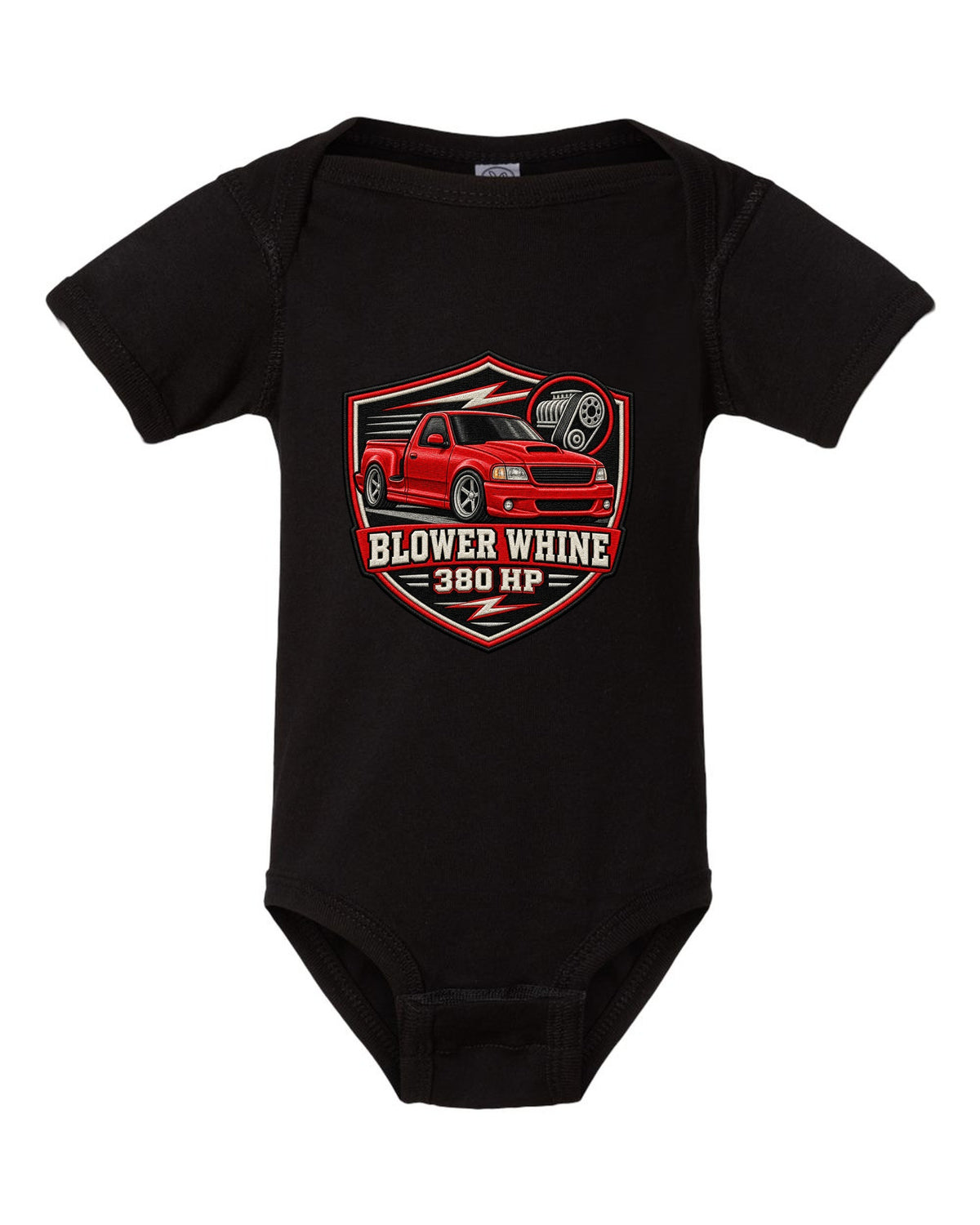 Ford F-150 SVT Lightning 1999-2004 in an embroidered varsity crest print black baby onesie front view with the design